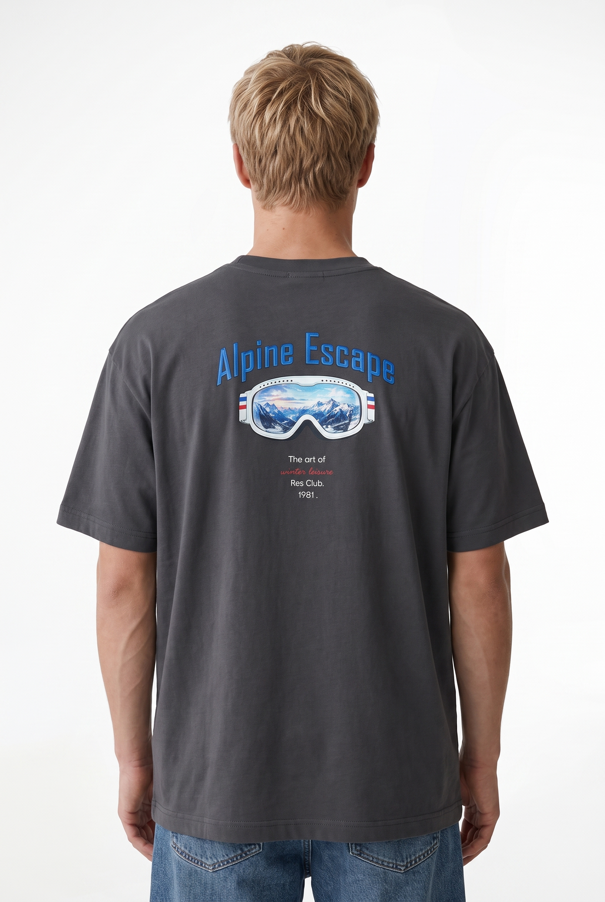 Erkek Alpine Nakışlı Oversize T-Shirt Füme