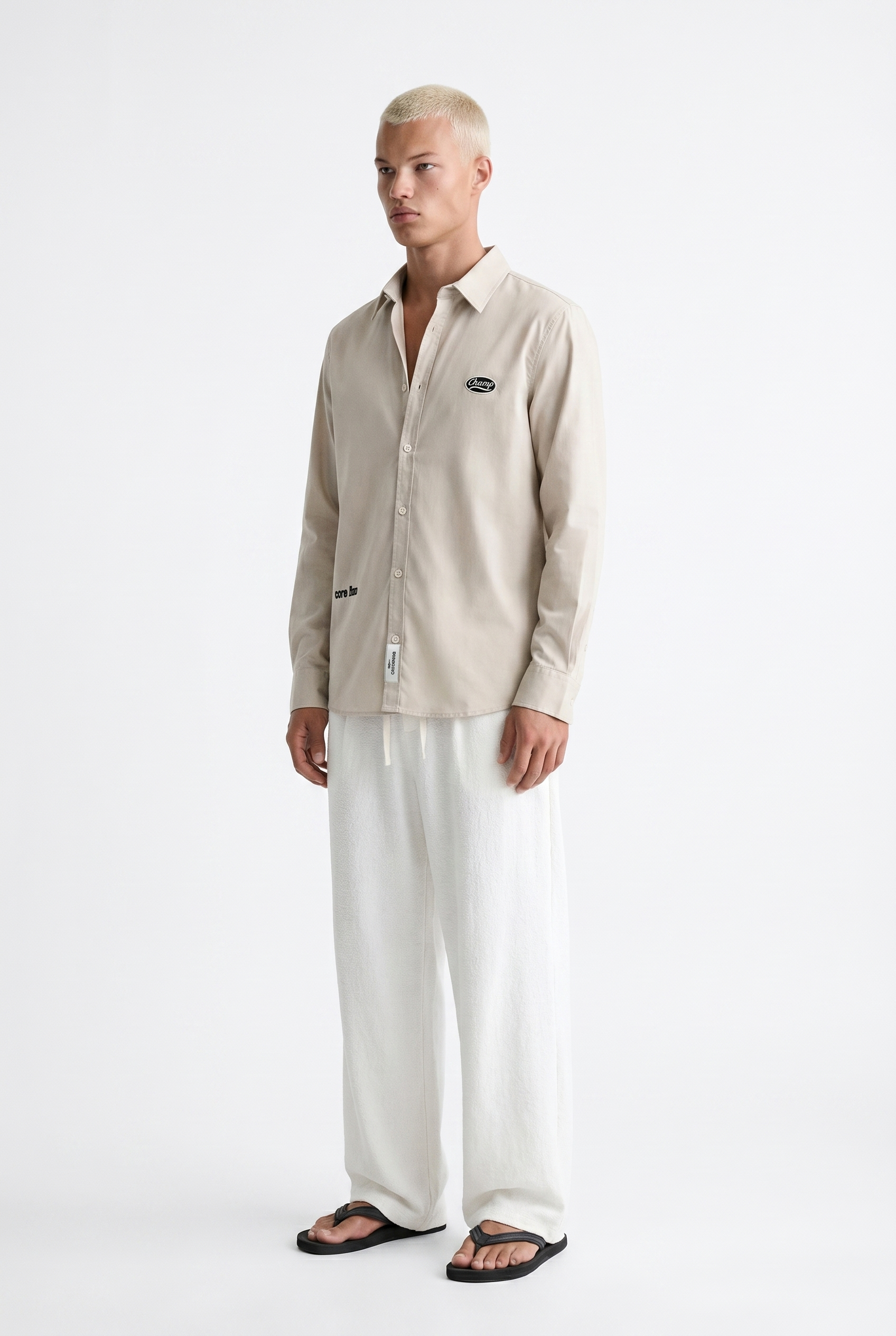Erkek Champ Nakışlı Oversize Gömlek Bej