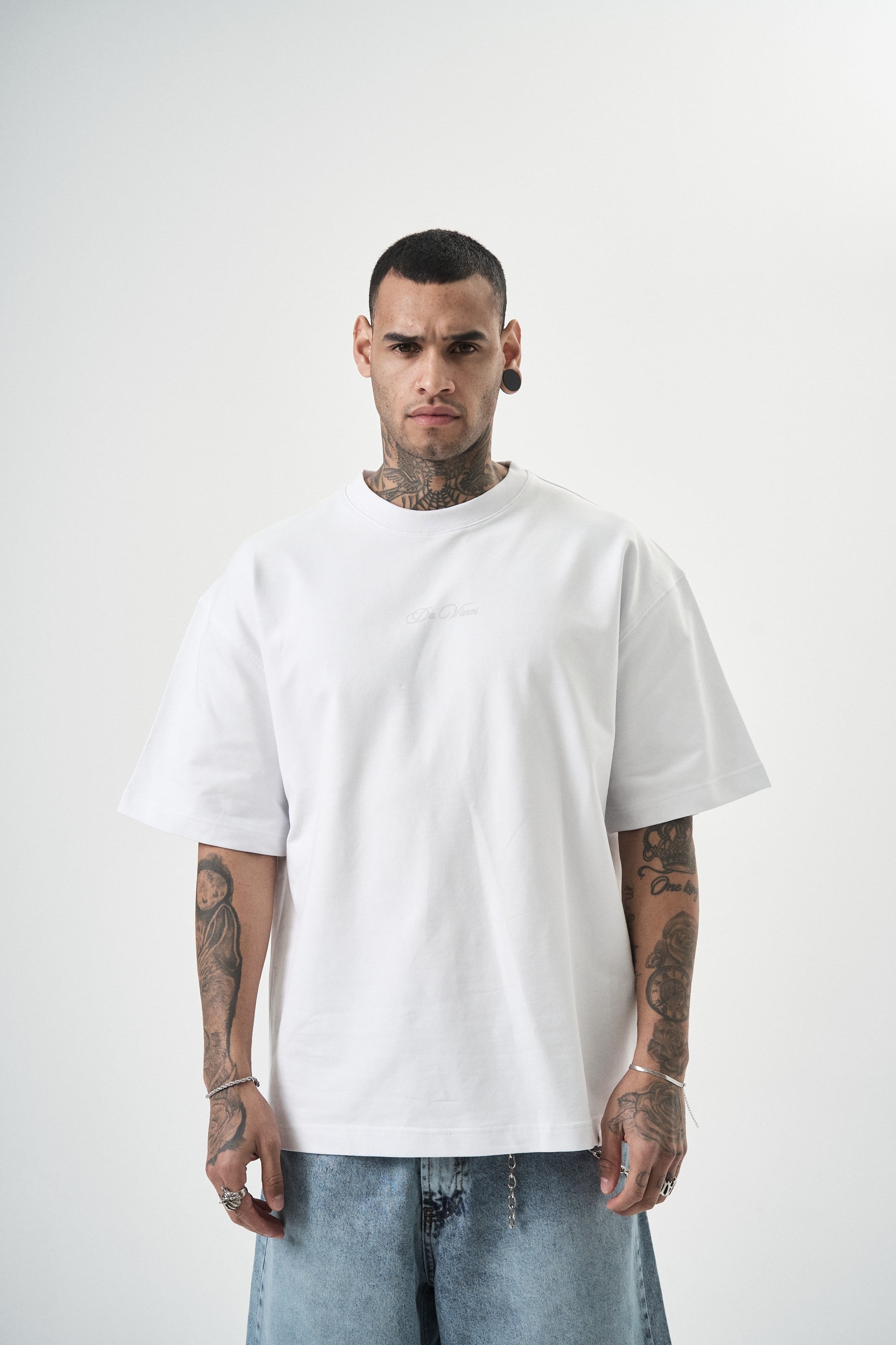 Erkek Da Vinci Baskılı Oversize T-Shirt Beyaz