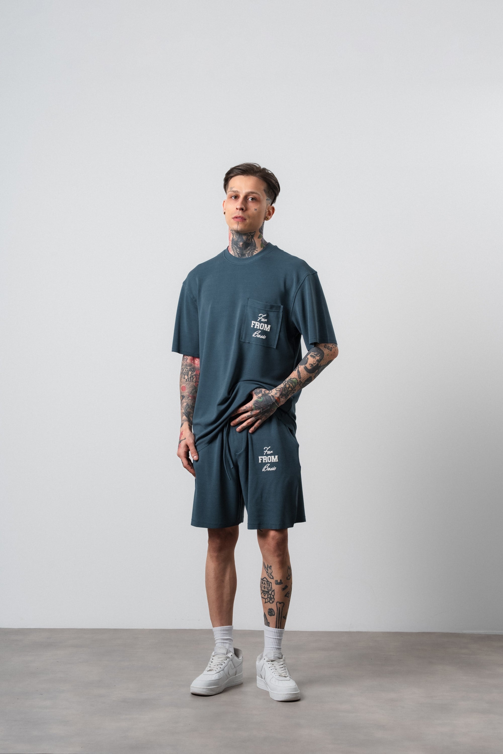 Erkek Far From Basic Baskılı Regular Fit T-Shirt Şort Takım Petrol