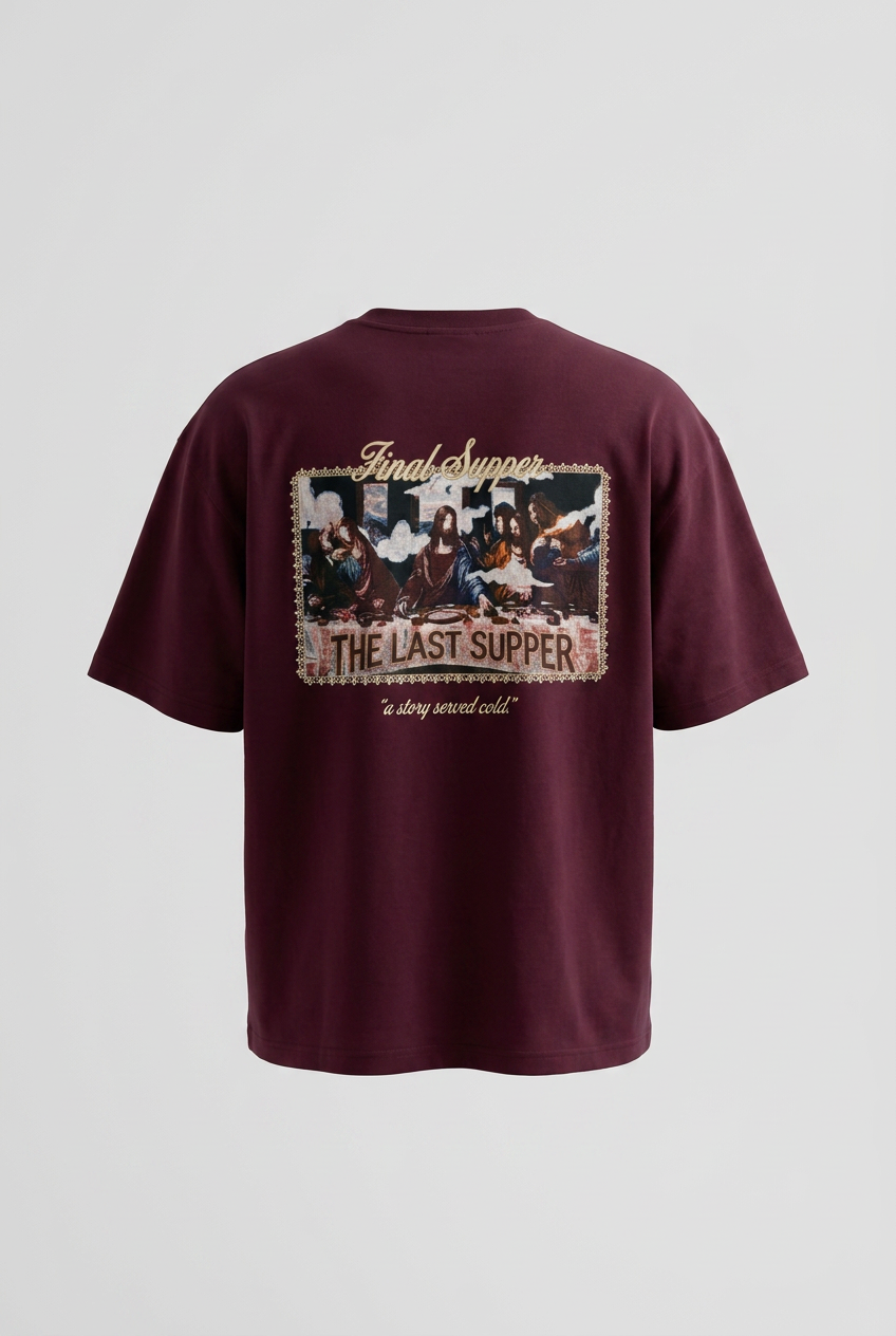 Erkek Final Supper Nakışlı Oversize T-Shirt Bordo