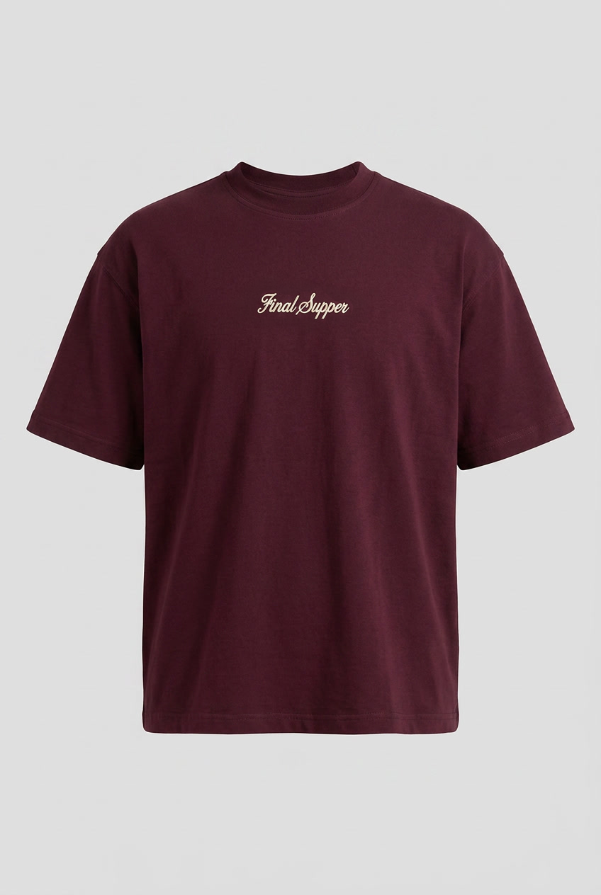 Erkek Final Supper Nakışlı Oversize T-Shirt Bordo