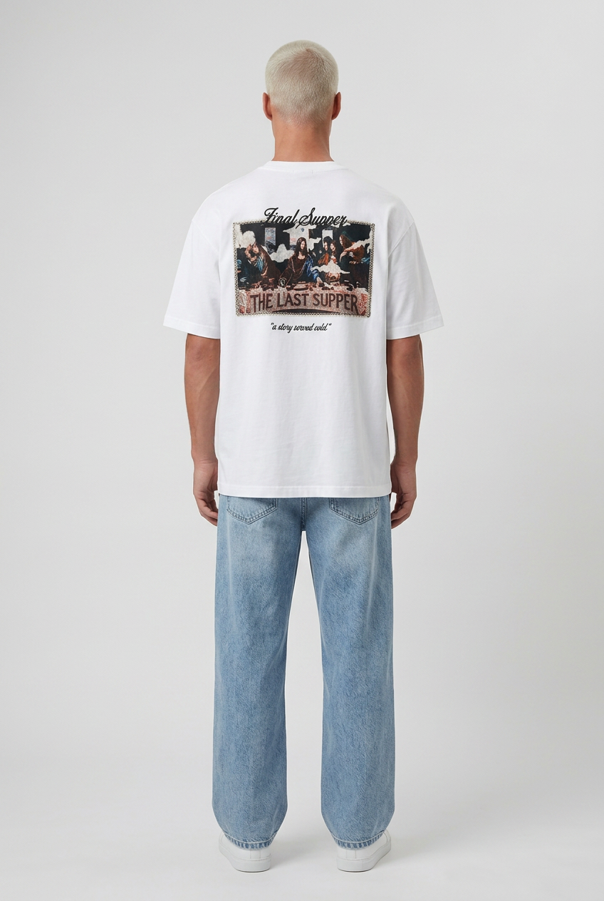 Erkek Final Supper Nakışlı Oversize T-Shirt Ekru