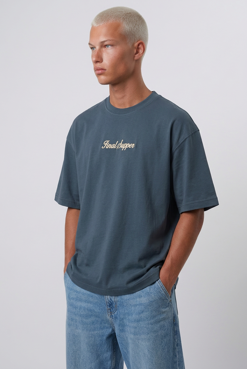Erkek Final Supper Nakışlı Oversize T-Shirt Petrol