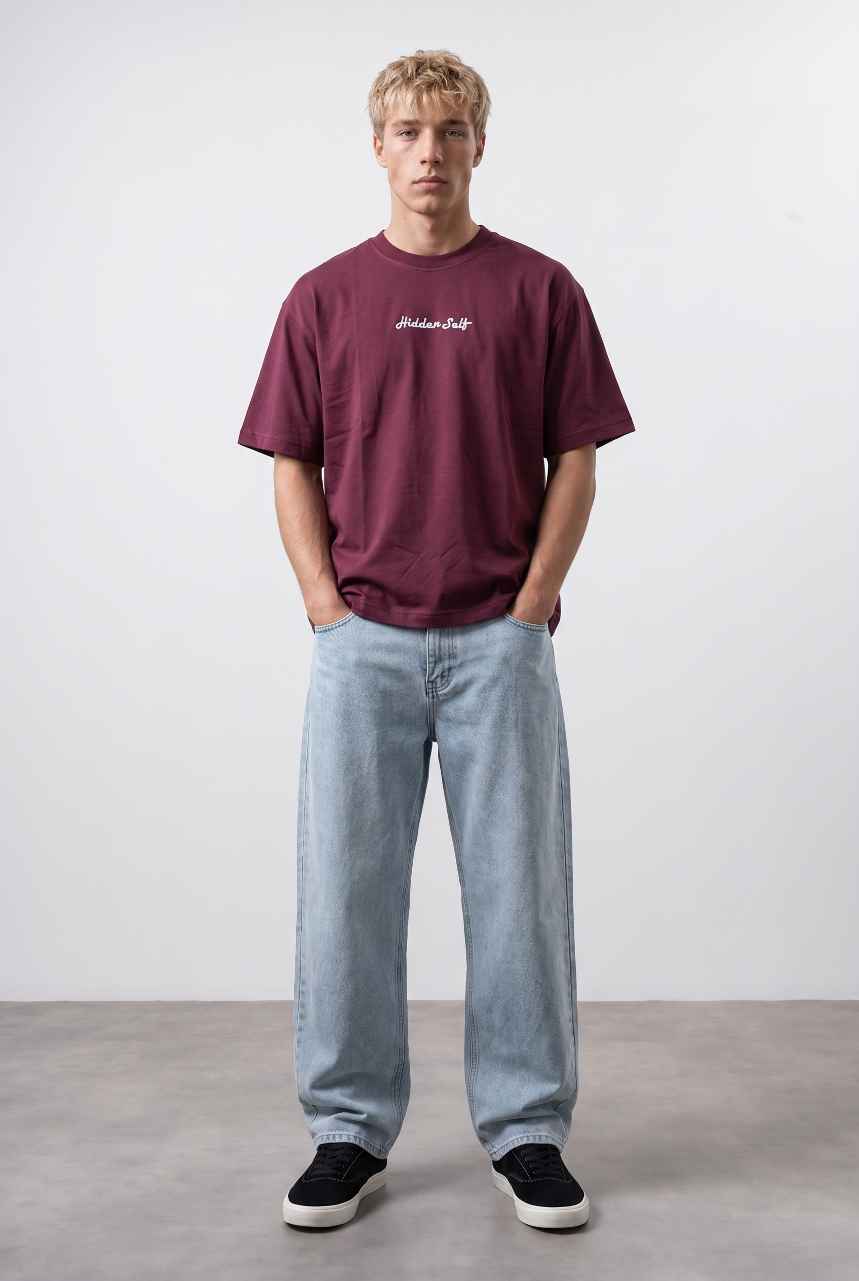 Erkek Hidden Self Baskılı Oversize T-Shirt Bordo