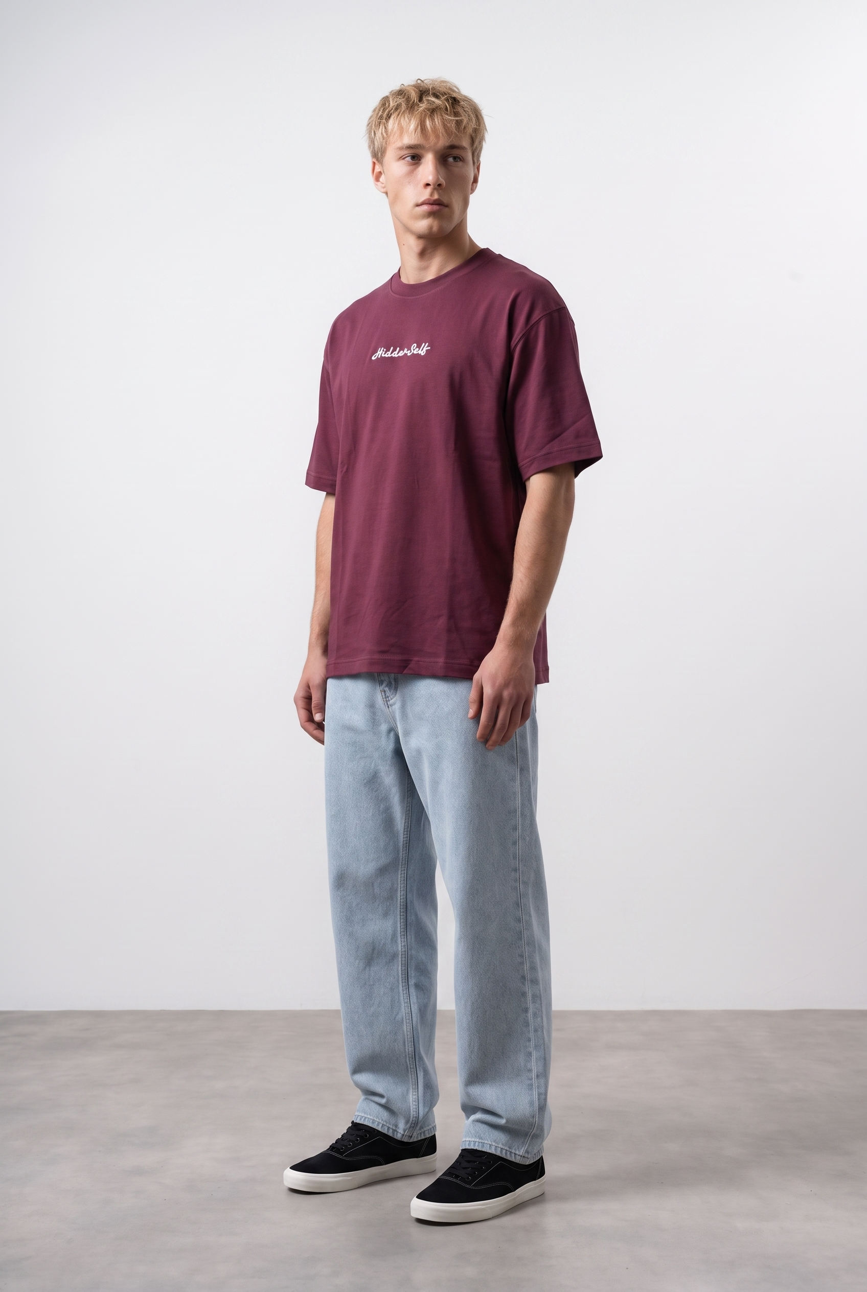 Erkek Hidden Self Baskılı Oversize T-Shirt Bordo