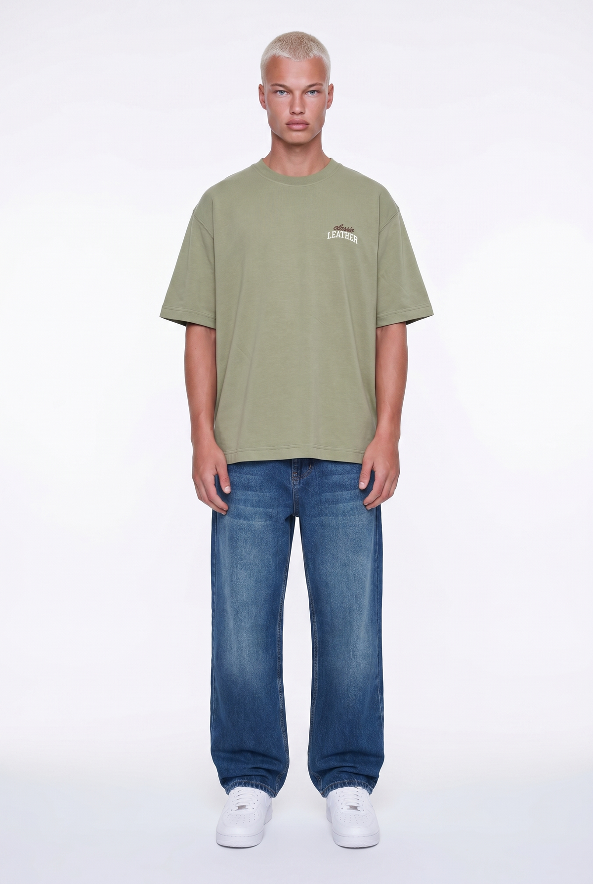 Erkek Leather Baskılı Oversize T-Shirt Haki