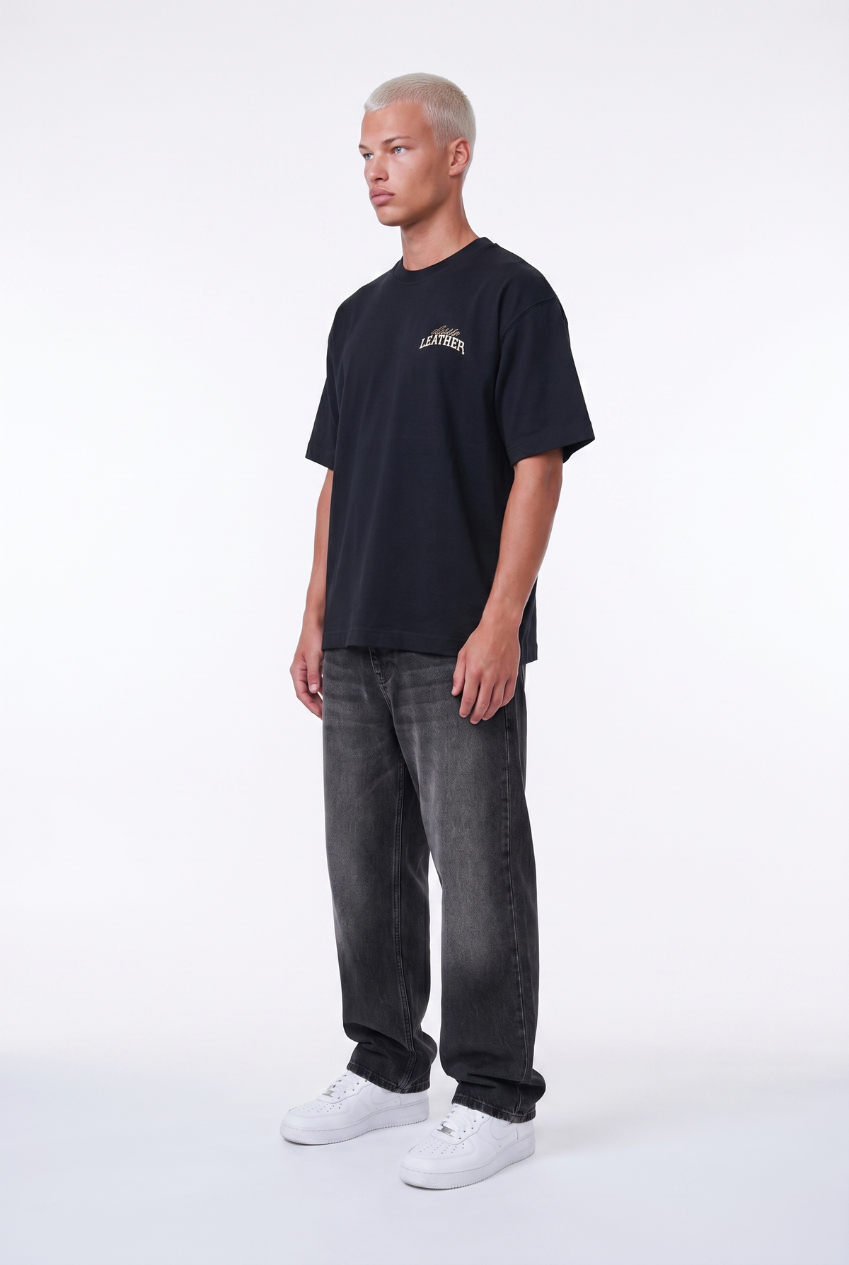 Erkek Leather Baskılı Oversize T-Shirt Siyah