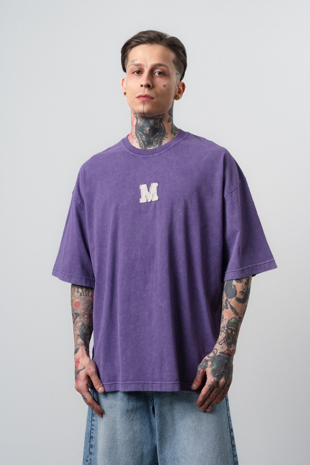 Erkek Mercy Nakışlı Yıkamalı Oversize T-Shirt Mor
