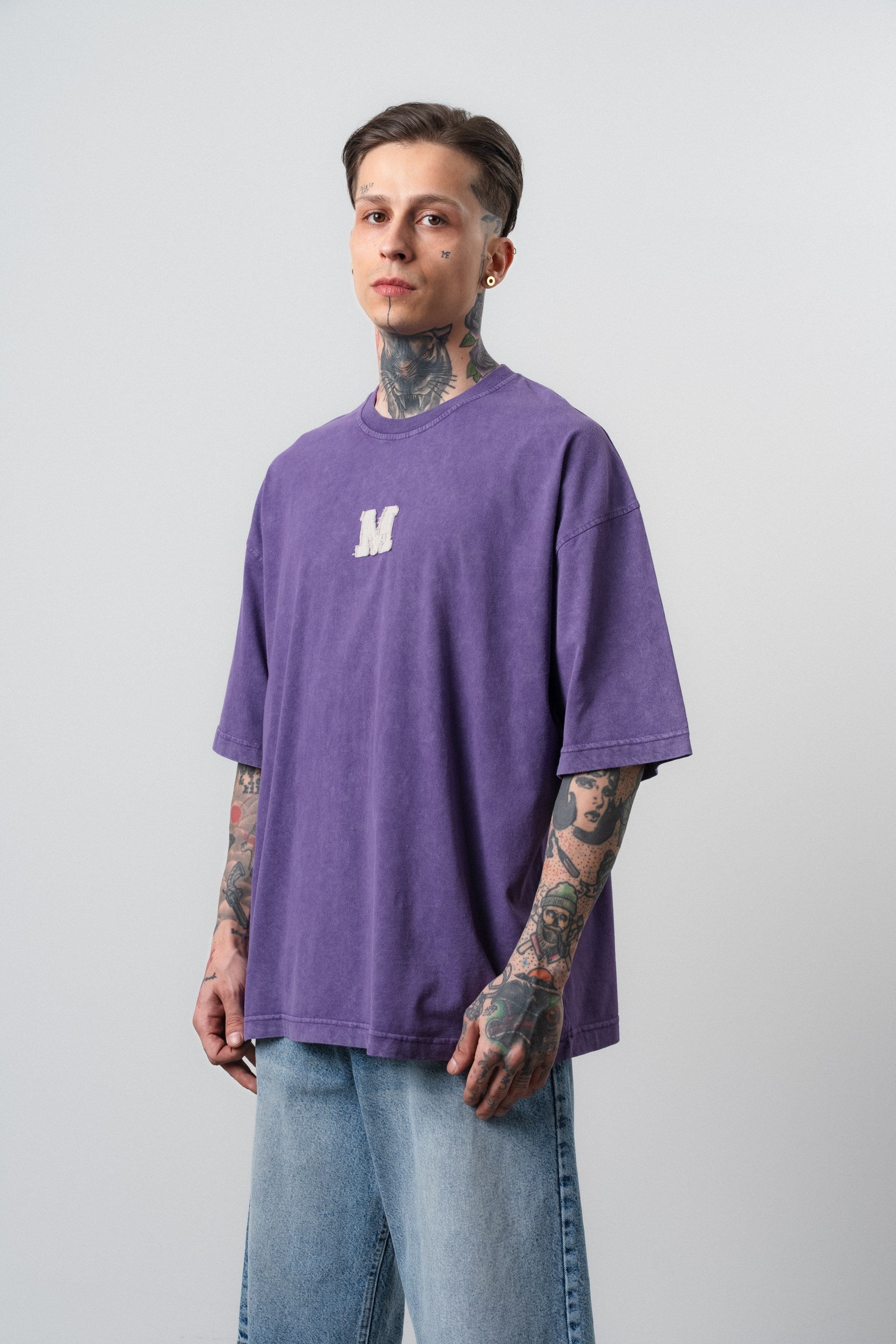 Erkek Mercy Nakışlı Yıkamalı Oversize T-Shirt Mor