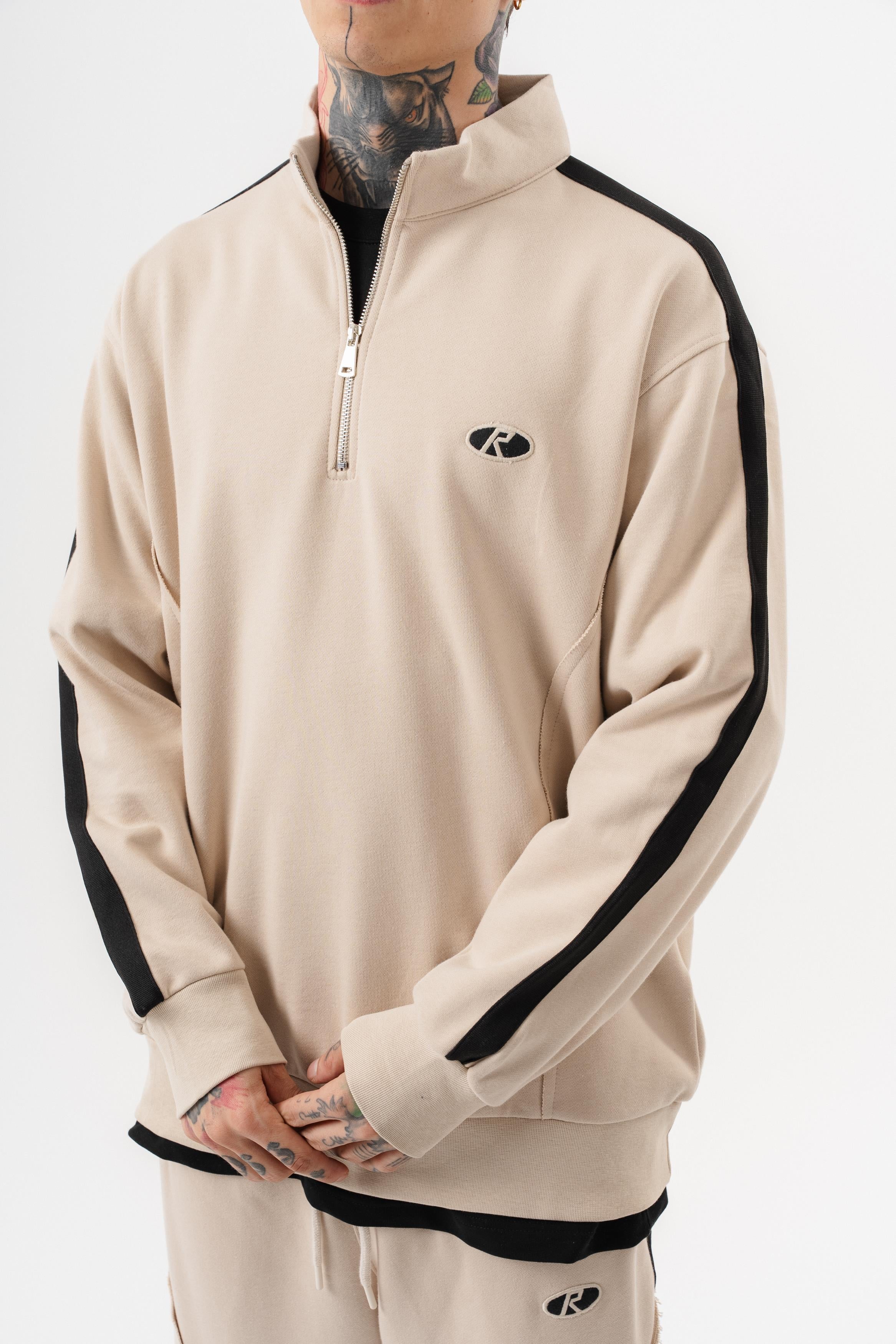 Erkek Pis Dikiş Detaylı Yarım Fermuarlı Diagonel Sweatshirt Bej