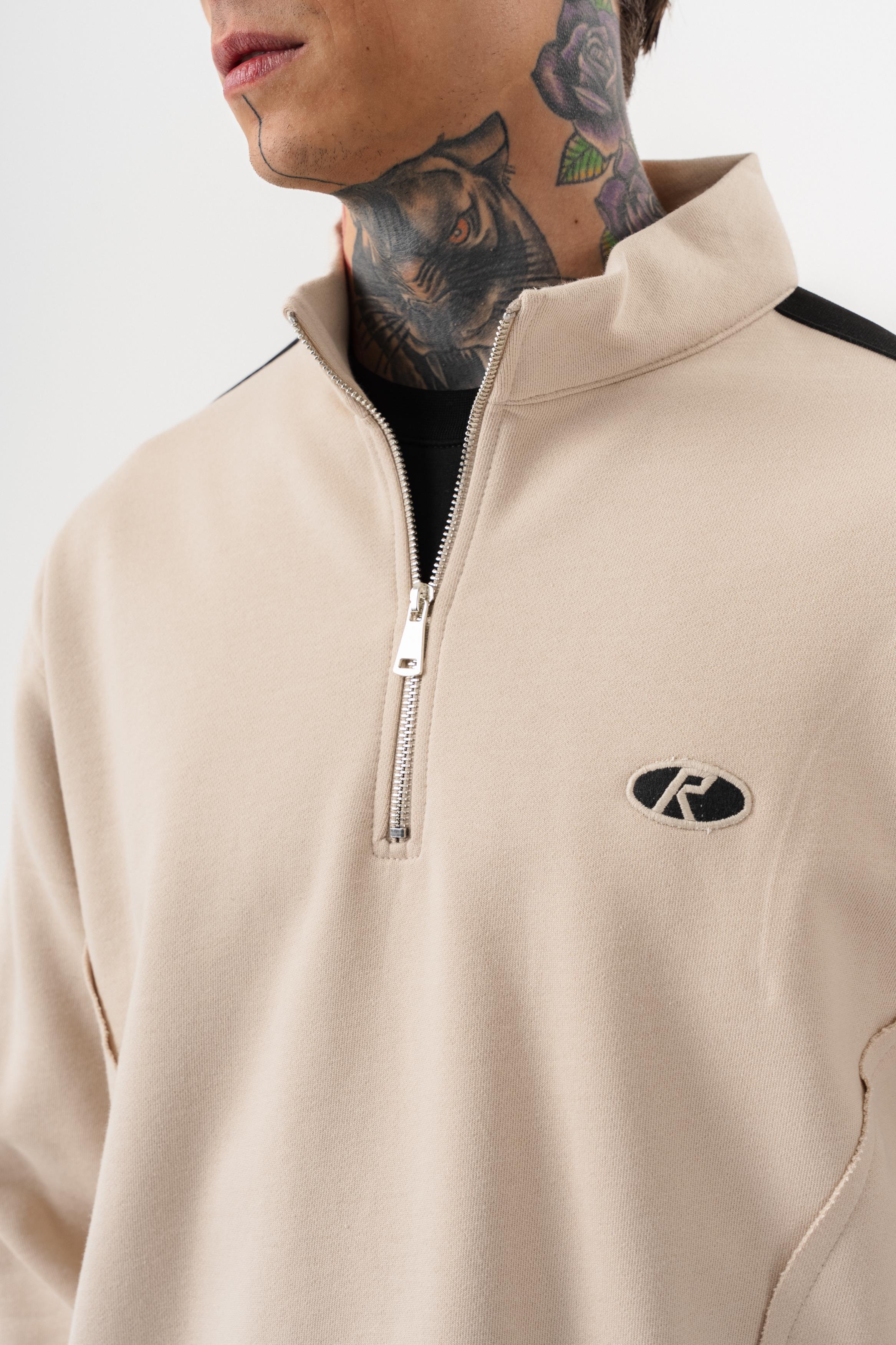 Erkek Pis Dikiş Detaylı Yarım Fermuarlı Diagonel Sweatshirt Bej
