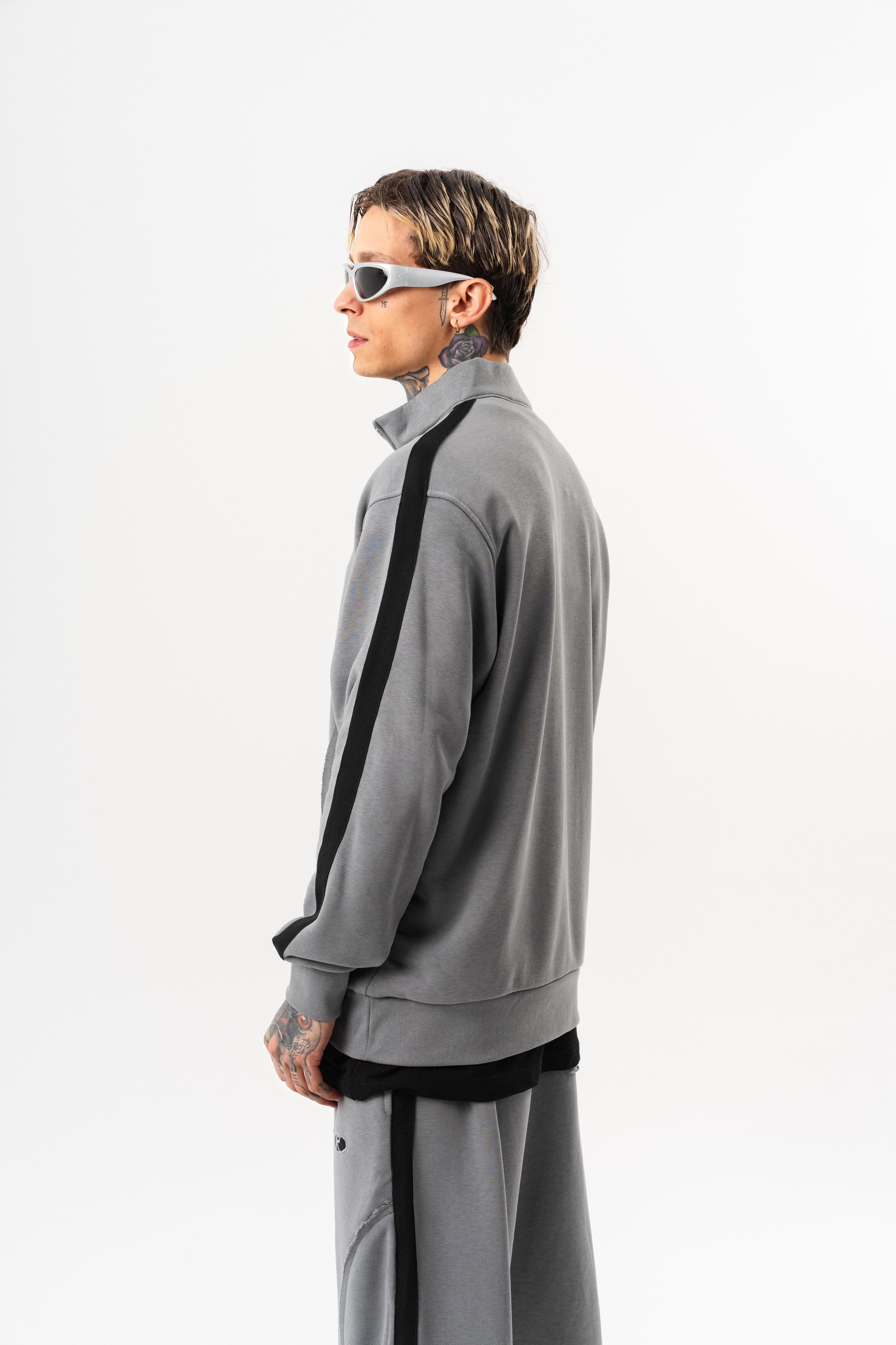 Erkek Pis Dikiş Detaylı Yarım Fermuarlı Diagonel Sweatshirt Gri