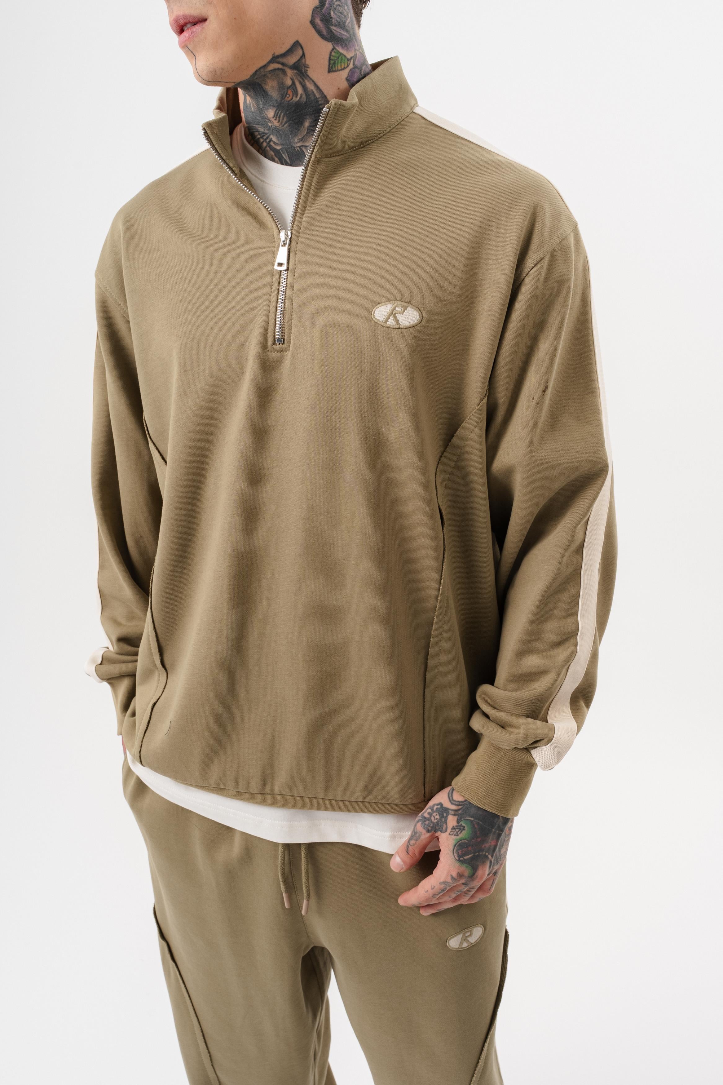 Erkek Pis Dikiş Detaylı Yarım Fermuarlı Diagonel Sweatshirt Haki