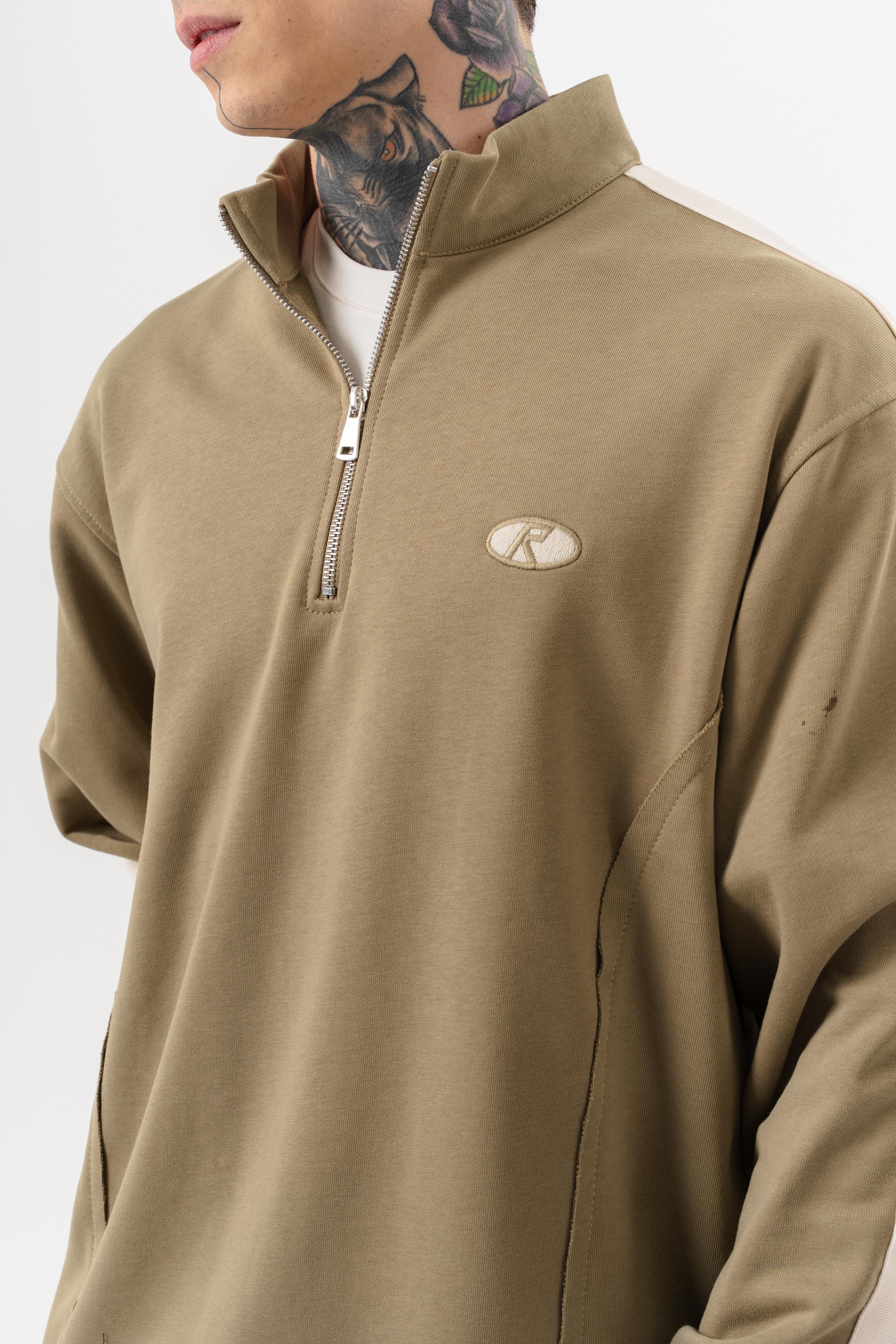 Erkek Pis Dikiş Detaylı Yarım Fermuarlı Diagonel Sweatshirt Haki