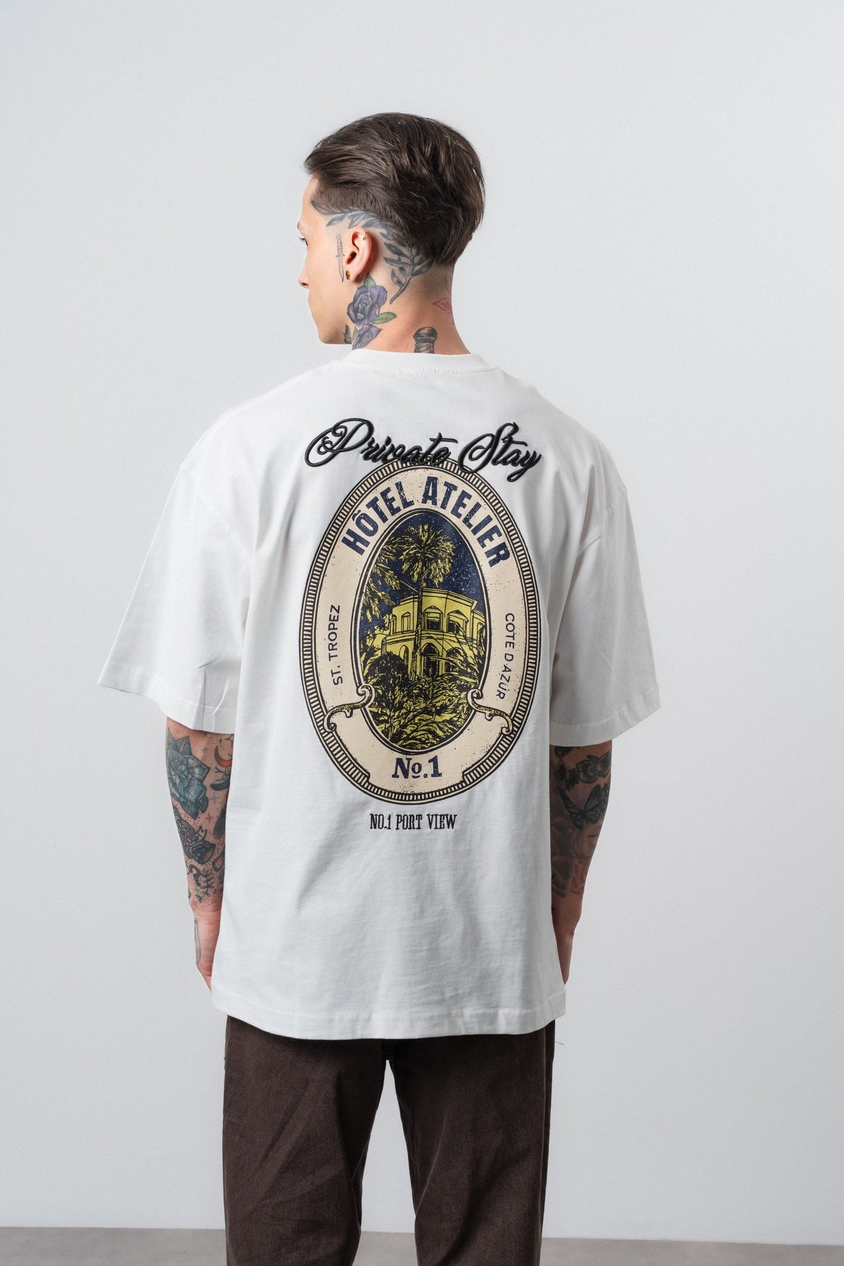 Erkek Private Baskılı Oversize T-Shirt Ekru