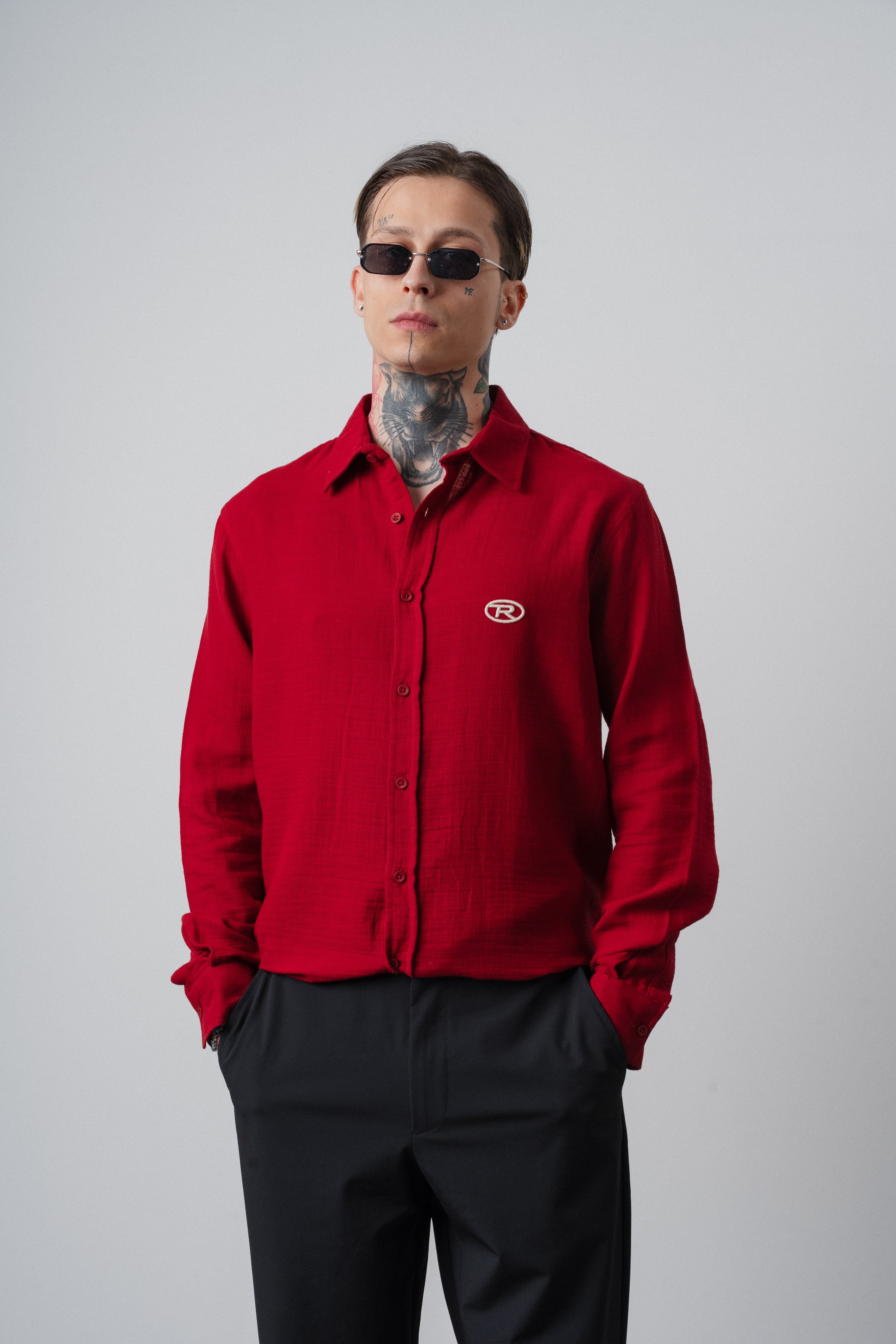 Erkek R Nakışlı Uzun Kollu Müslin Oversize Gömlek Bordo