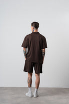 Erkek Respire Relined Yazılı Regular Fit T-Shirt Şort Takım Kahve