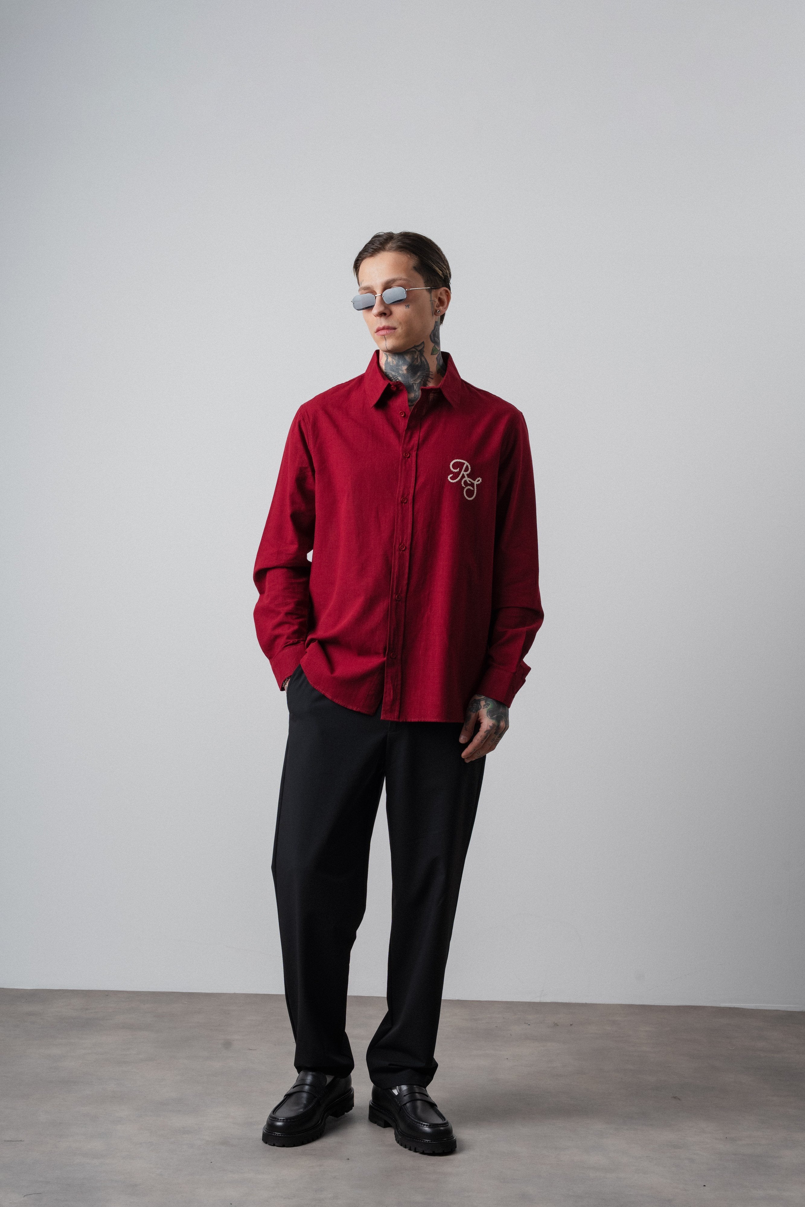 Erkek Res Nakışlı Uzun Kollu Keten Oversize Gömlek Bordo
