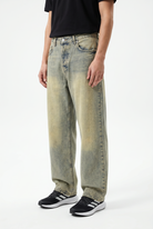 Erkek Yıkama Detaylı Baggy Jean Bej