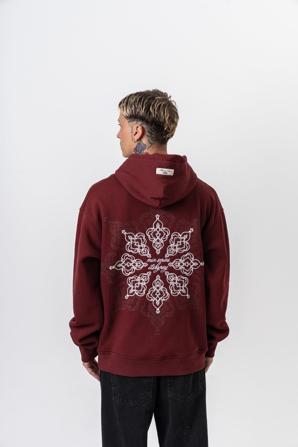 Erkek Itsbyzey Nakışlı Kapüşonlu Oversize Hoodie Bordo