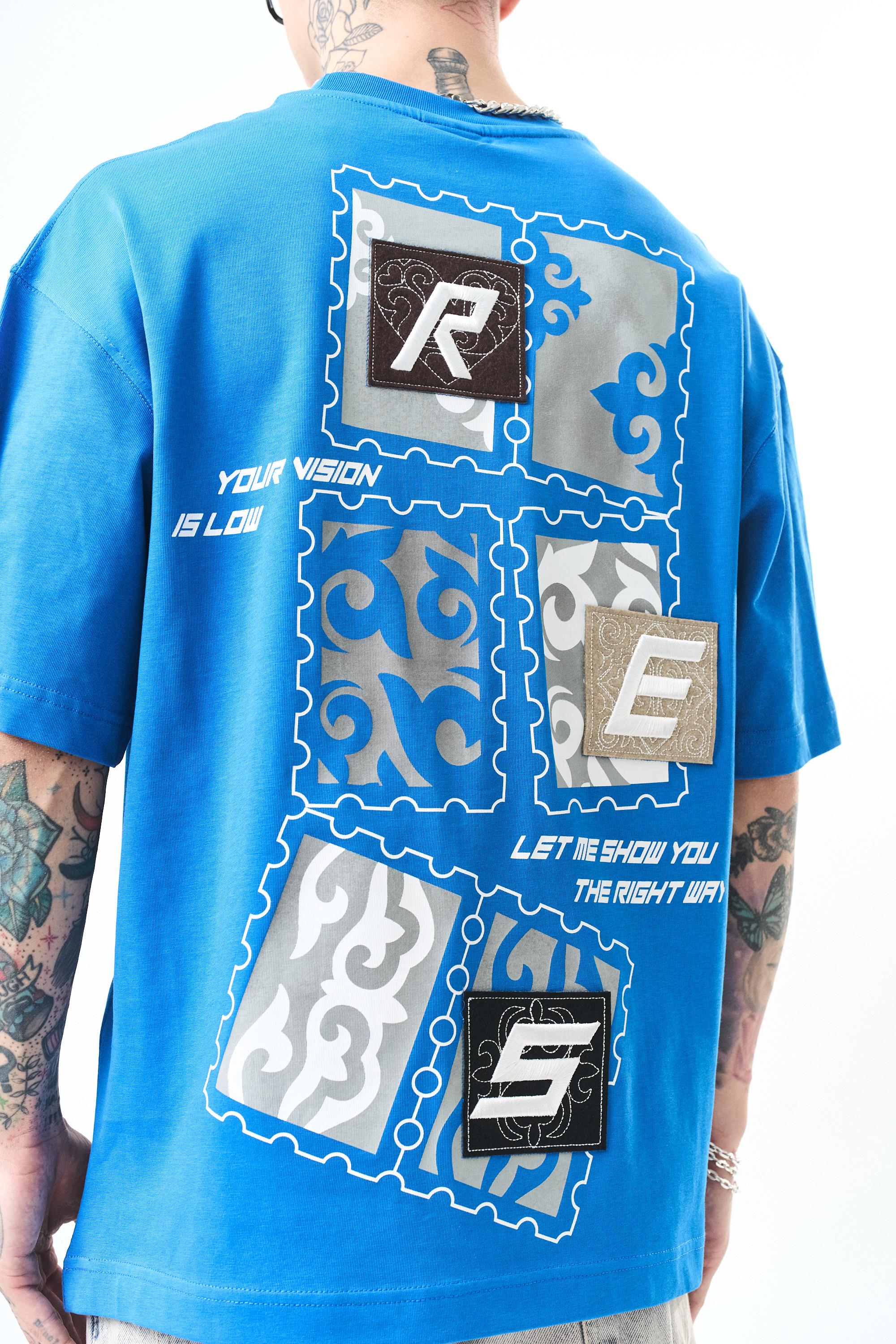 Erkek Low Vision Nakışlı Oversize T-Shirt Mavi