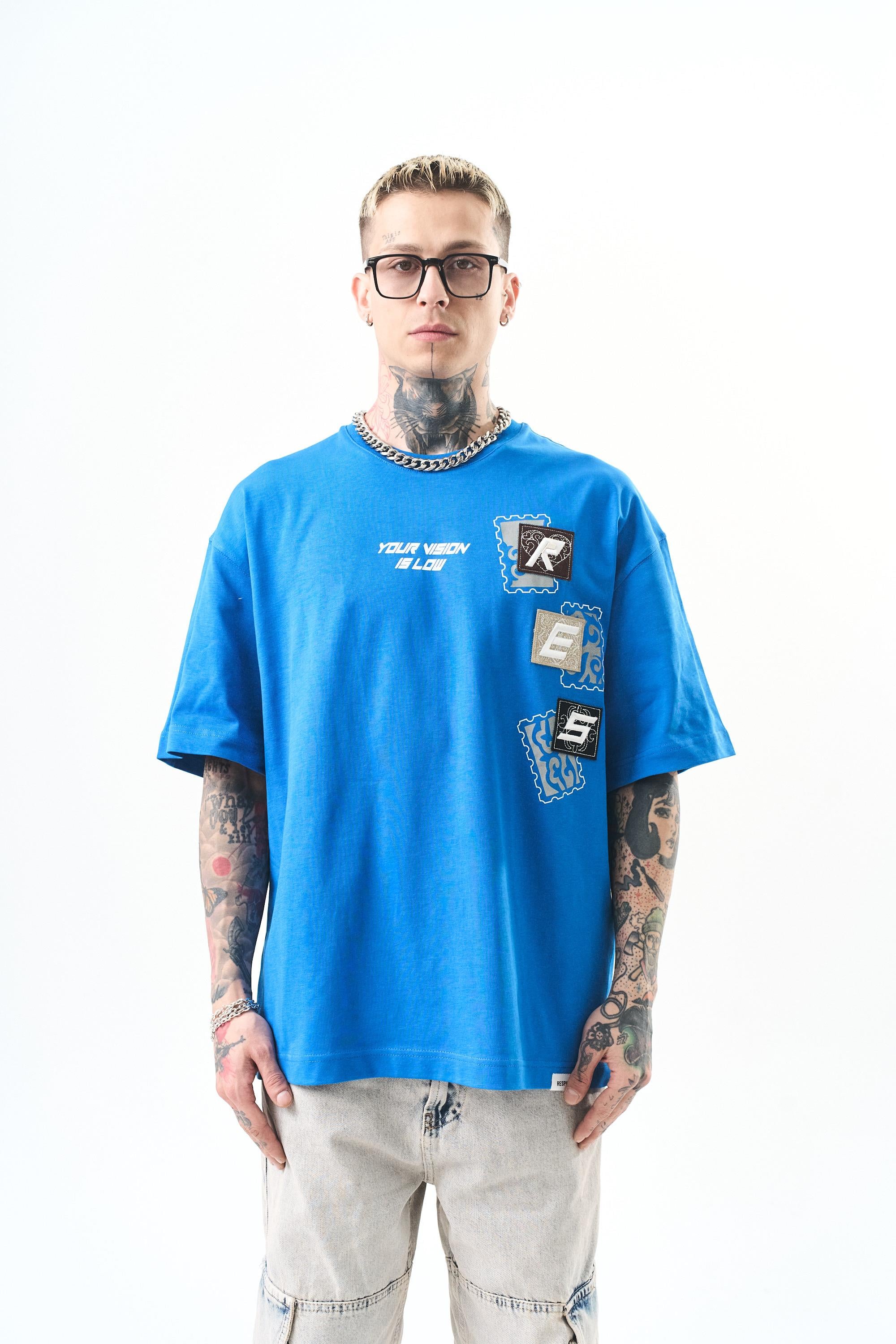 Erkek Low Vision Nakışlı Oversize T-Shirt Mavi
