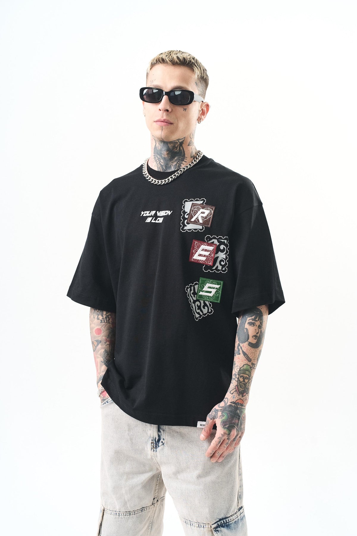 Erkek Low Vision Nakışlı Oversize T-Shirt Siyah