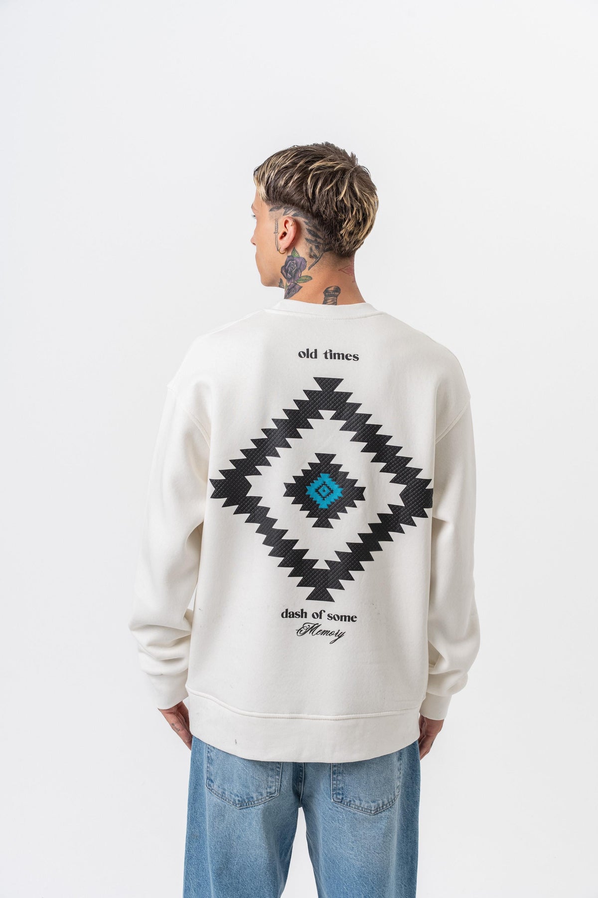 Erkek Memory Baskılı Bisiklet Yaka Oversize Sweatshirt Ekru