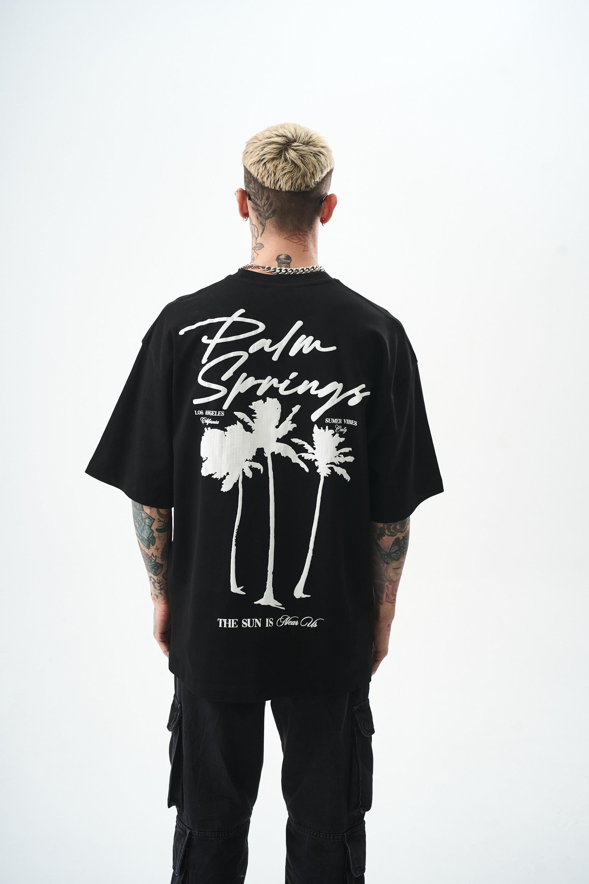 Erkek Palm Baskılı Oversize T-Shirt Siyah