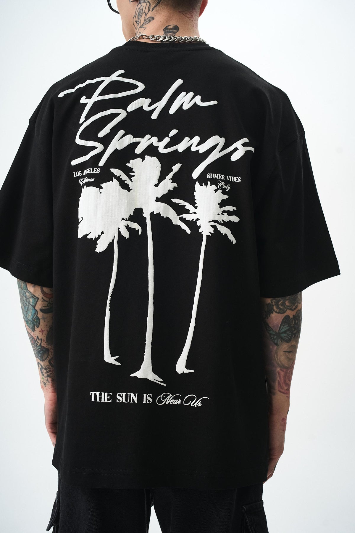 Erkek Palm Baskılı Oversize T-Shirt Siyah