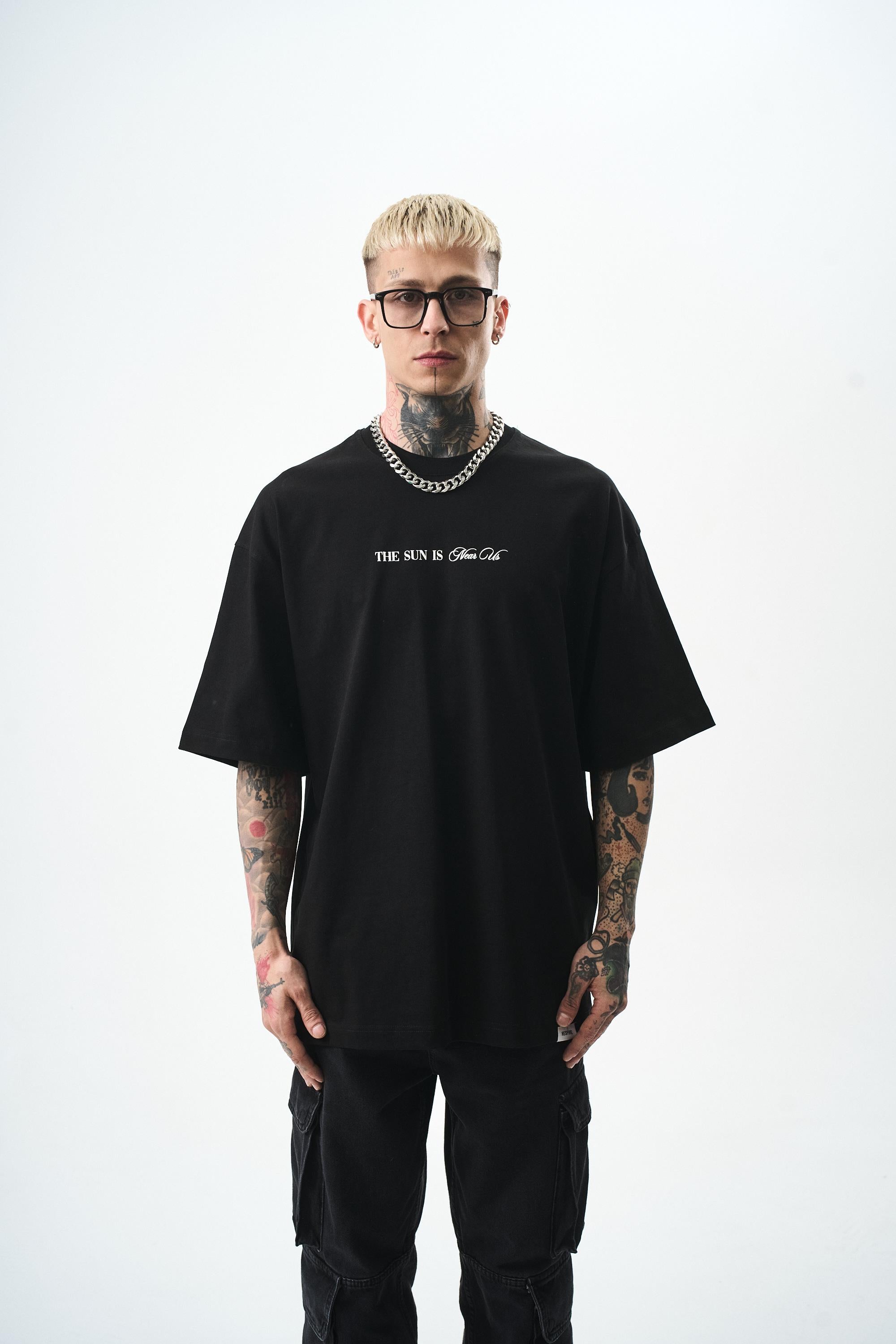 Erkek Palm Baskılı Oversize T-Shirt Siyah