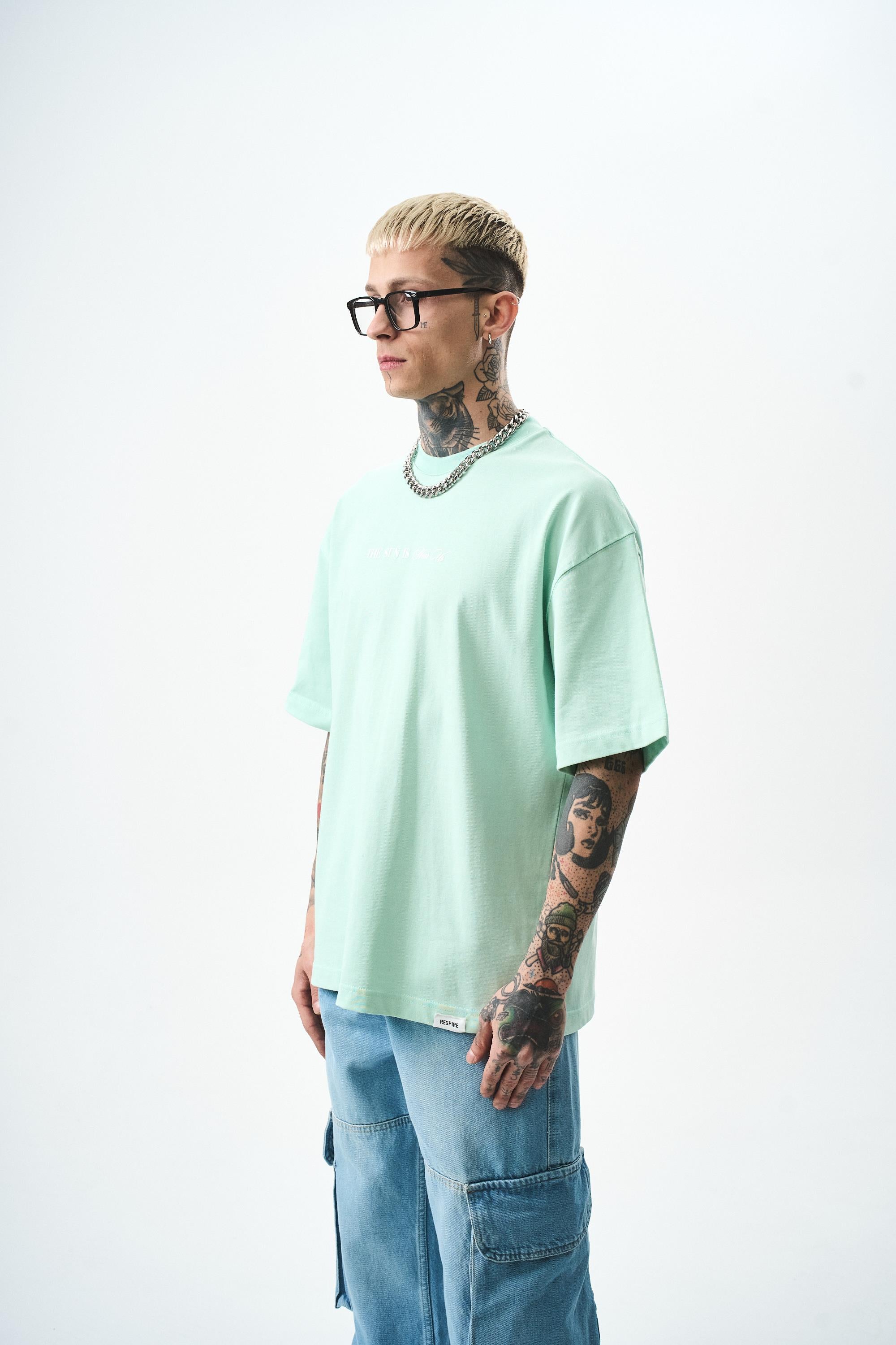 Erkek Palm Baskılı Oversize T-Shirt Su Yeşili