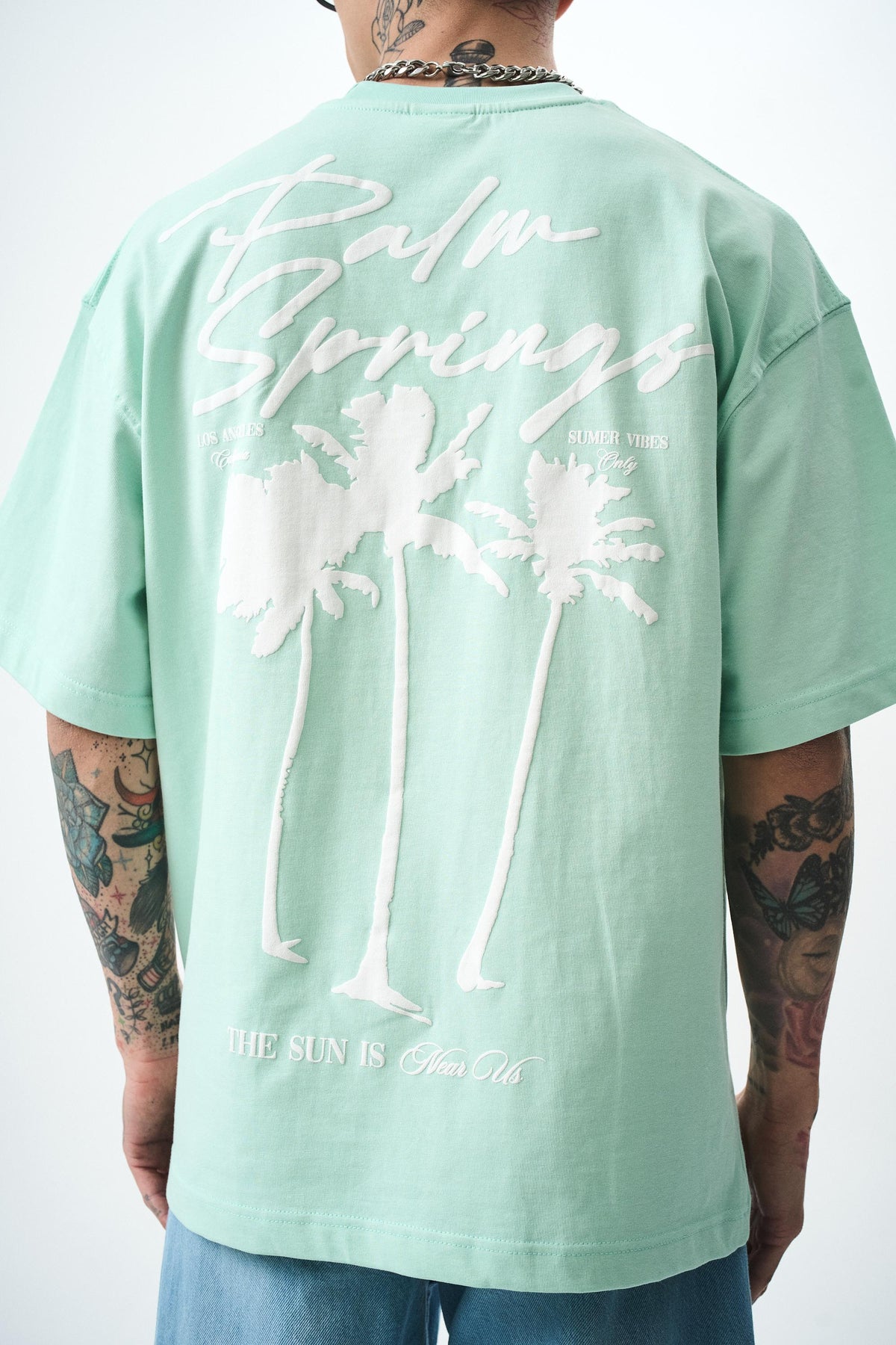 Erkek Palm Baskılı Oversize T-Shirt Su Yeşili