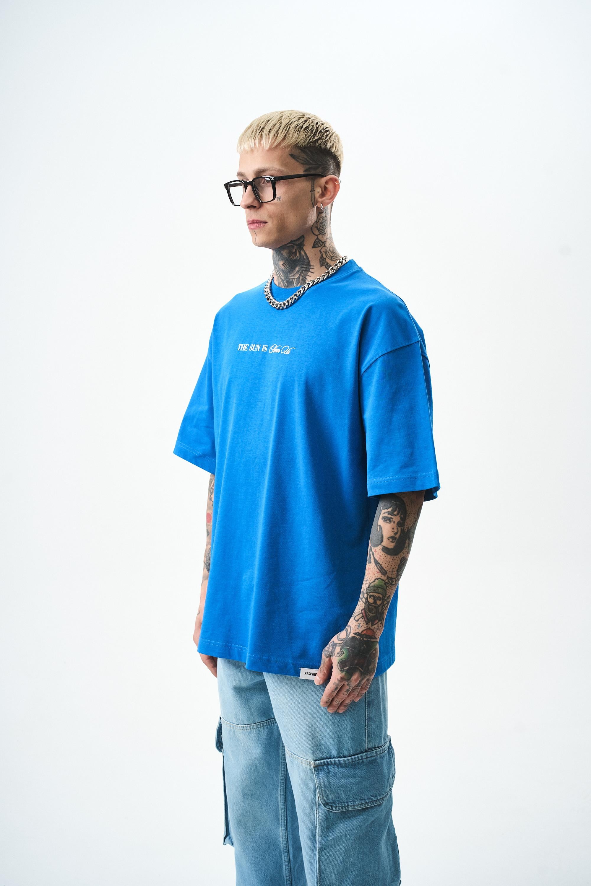 Erkek Palm Baskılı Oversize T-Shirt Mavi