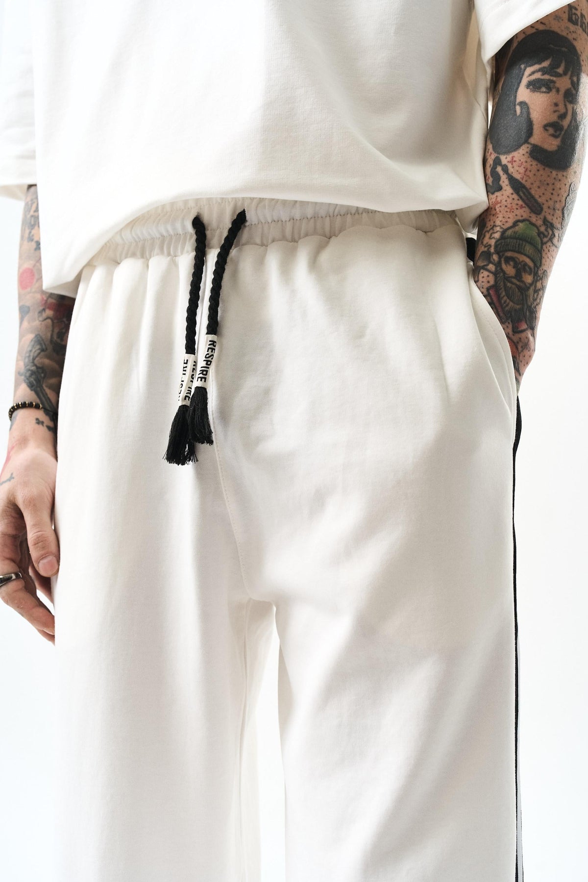 Erkek Şerit Detaylı İNterlok Baggy Eşofman Altı Ekru