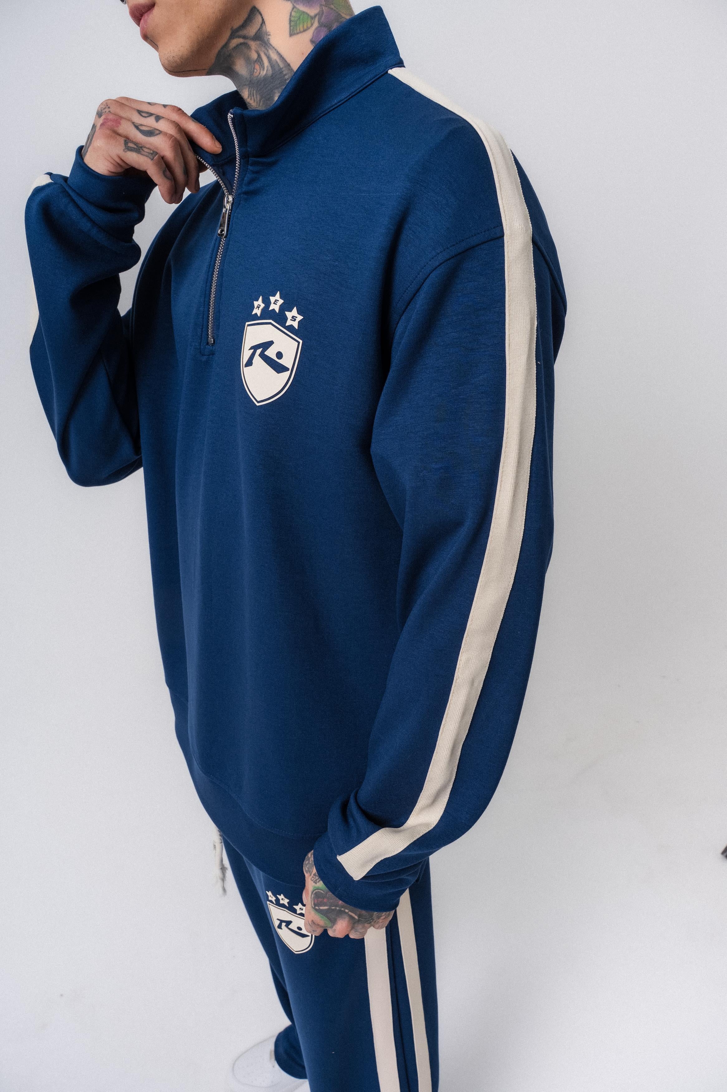 Erkek Şerit Detaylı Yarım Fermuarlı Modal Sweatshirt Lacivert