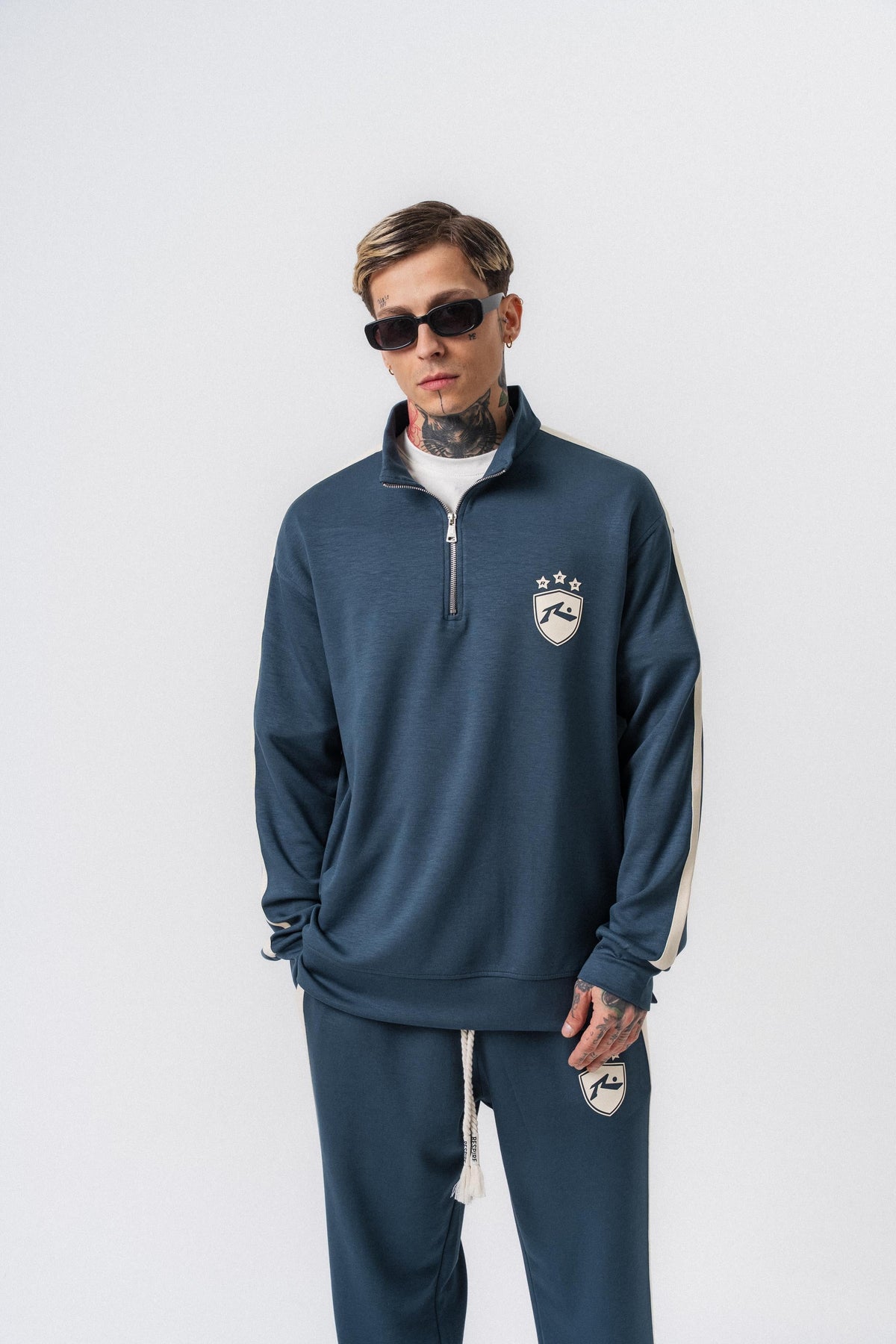 Erkek Şerit Detaylı Yarım Fermuarlı Modal Sweatshirt Petrol