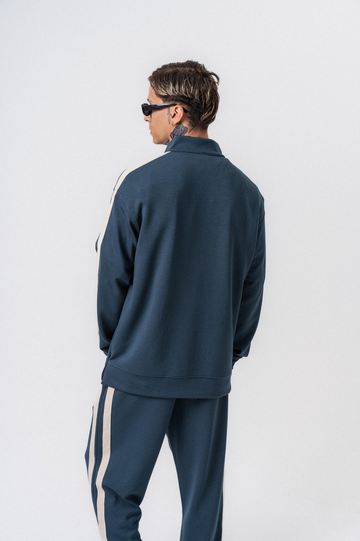 Erkek Şerit Detaylı Yarım Fermuarlı Modal Sweatshirt Petrol