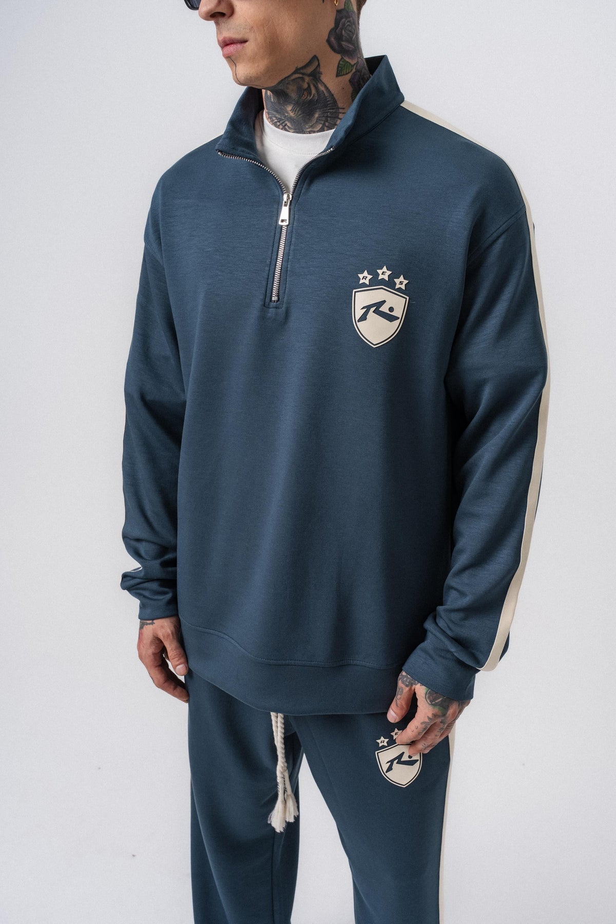 Erkek Şerit Detaylı Yarım Fermuarlı Modal Sweatshirt Petrol