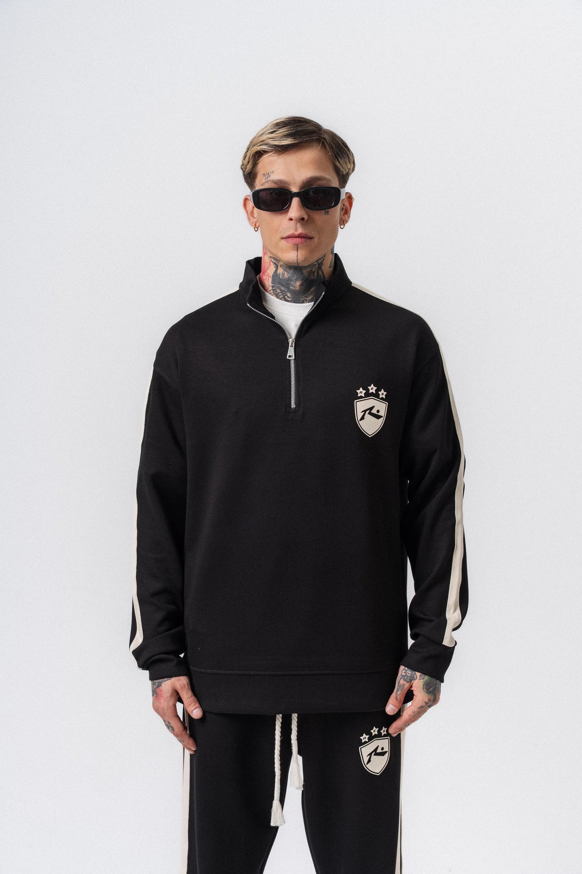 Erkek Şerit Detaylı Yarım Fermuarlı Modal Sweatshirt Siyah