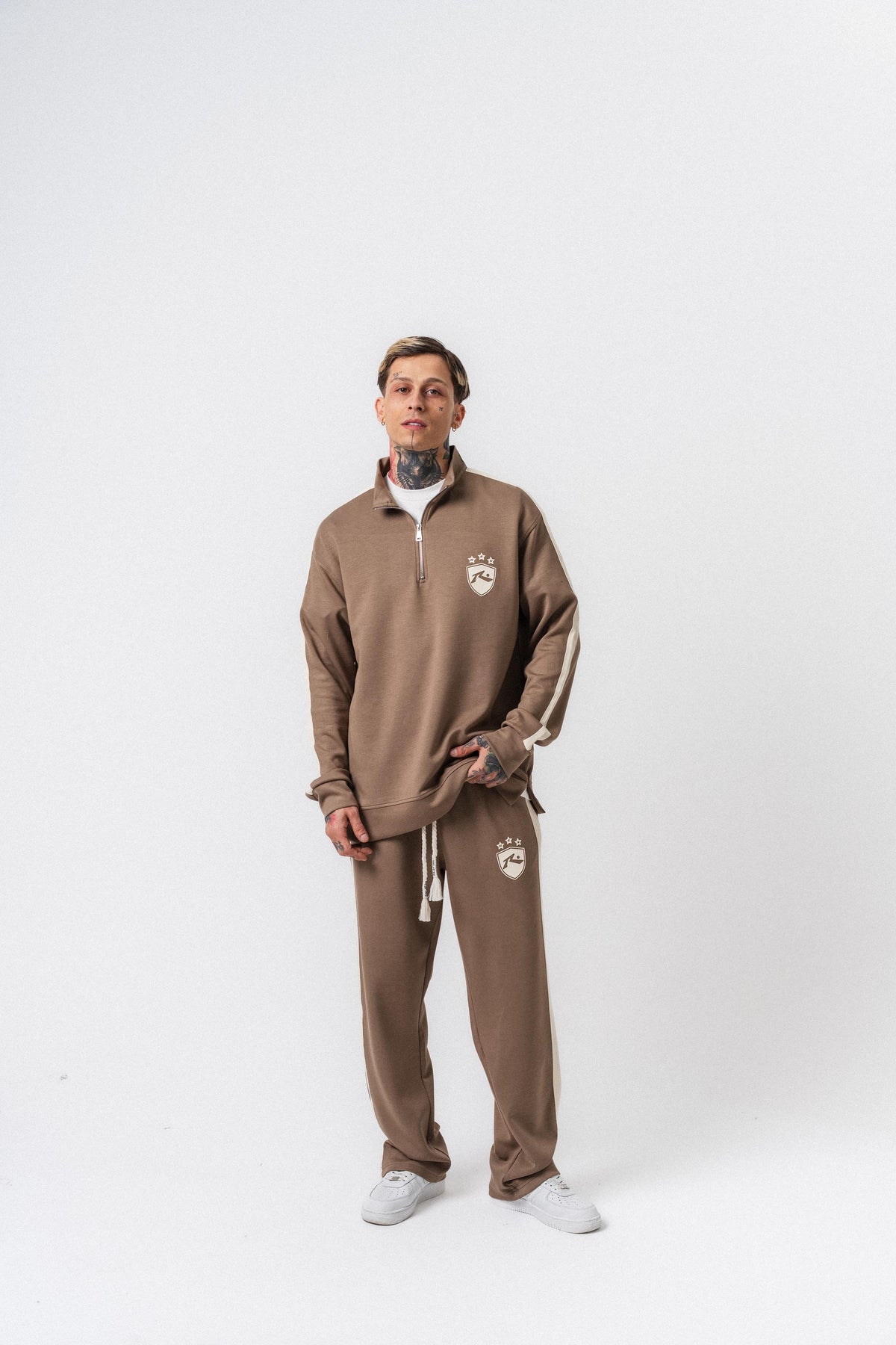 Erkek Şerit Detaylı Yarım Fermuarlı Modal Sweatshirt Vizon