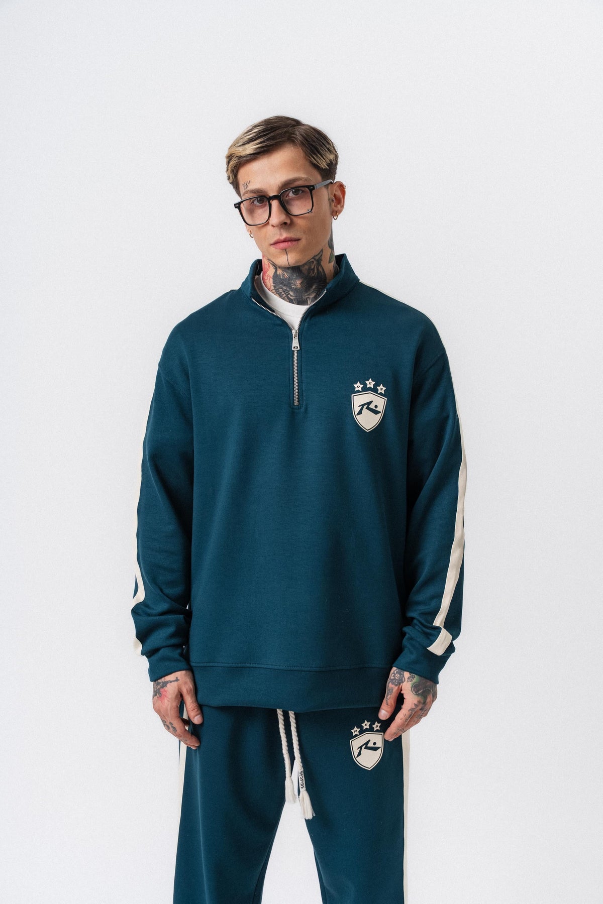 Erkek Şerit Detaylı Yarım Fermuarlı Modal Sweatshirt Zümrüt