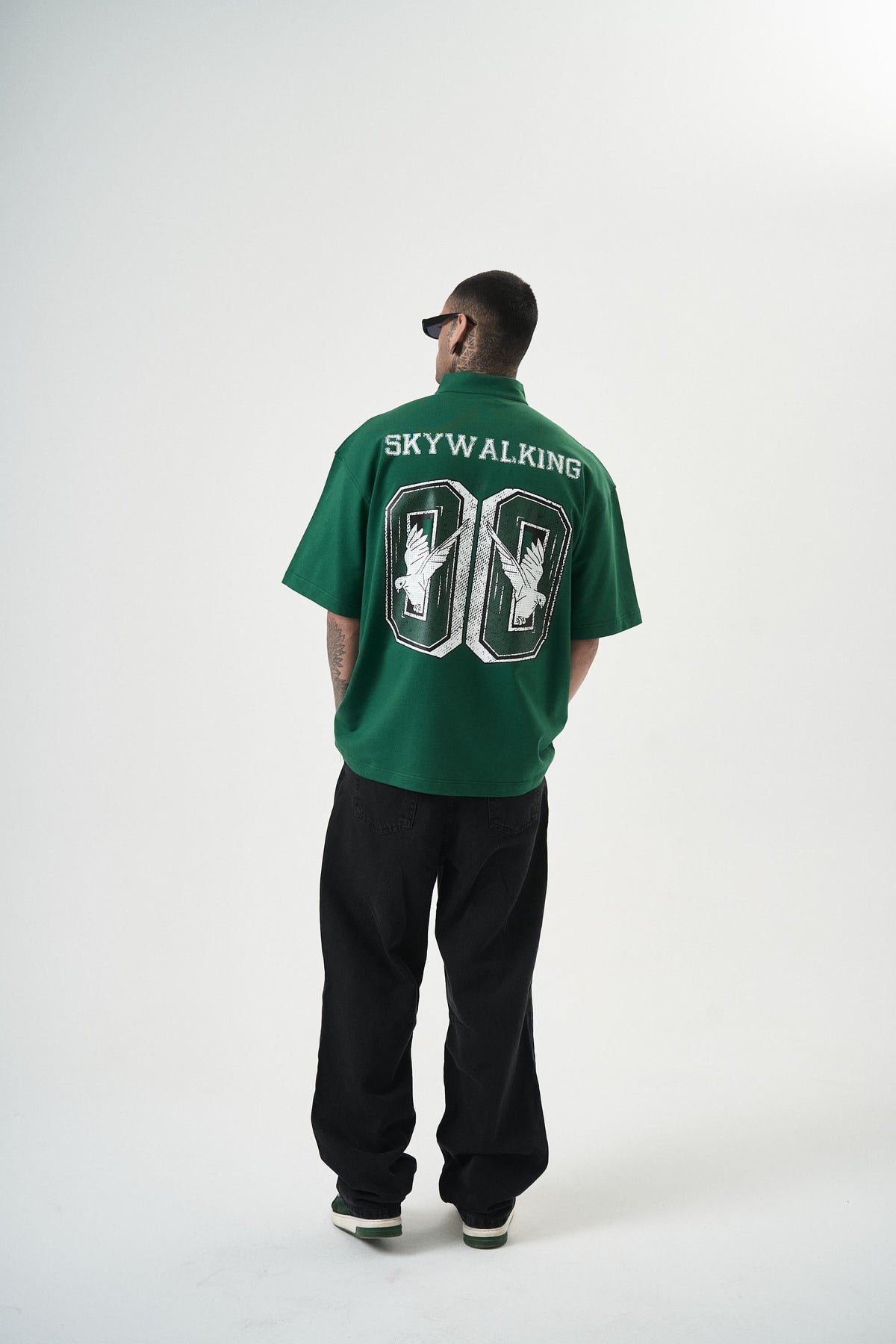 Erkek Skywalking Baskılı Yarım Fermuarlı Oversize T-Shirt Nefti