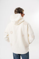 Erkek Süzene Nakış Detaylı Kapüşonlu Oversize Polar Hoodie Ekru