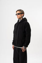 Erkek Süzene Nakış Detaylı Kapüşonlu Oversize Polar Hoodie Siyah