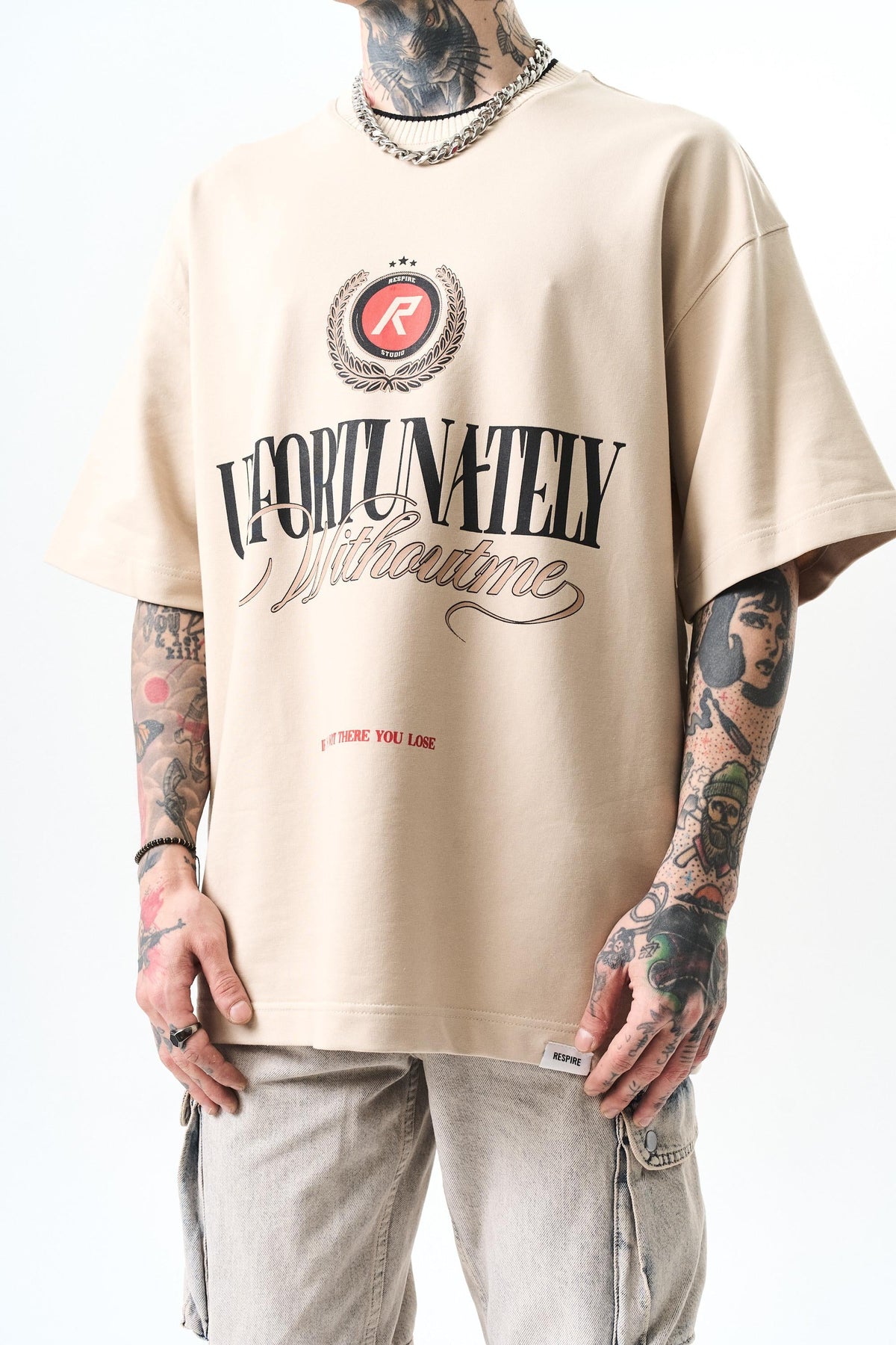 Erkek Unfortunately Baskılı Oversize T-Shirt Bej