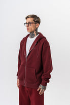 Erkek Respire Yazı Detaylı Kapüşonlu Basic Zip Oversize Hoodie Bordo