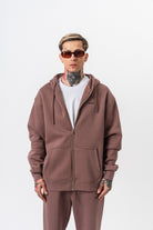 Erkek Respire Yazı Detaylı Kapüşonlu Basic Zip Oversize Hoodie Kakao