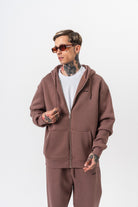 Erkek Respire Yazı Detaylı Kapüşonlu Basic Zip Oversize Hoodie Kakao